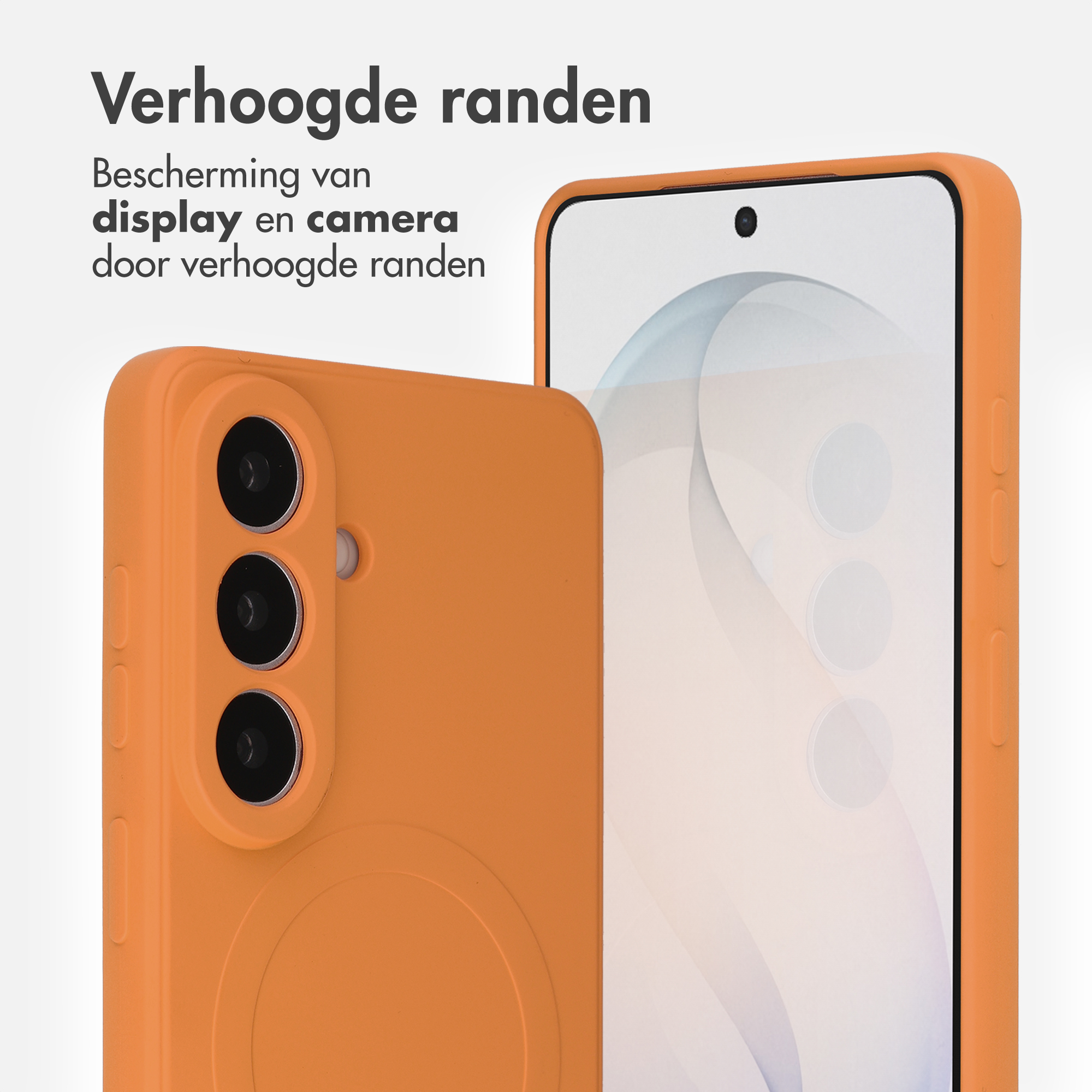 Coque de téléphone orange à bords surélevés, montrant les objectifs et l'écran.