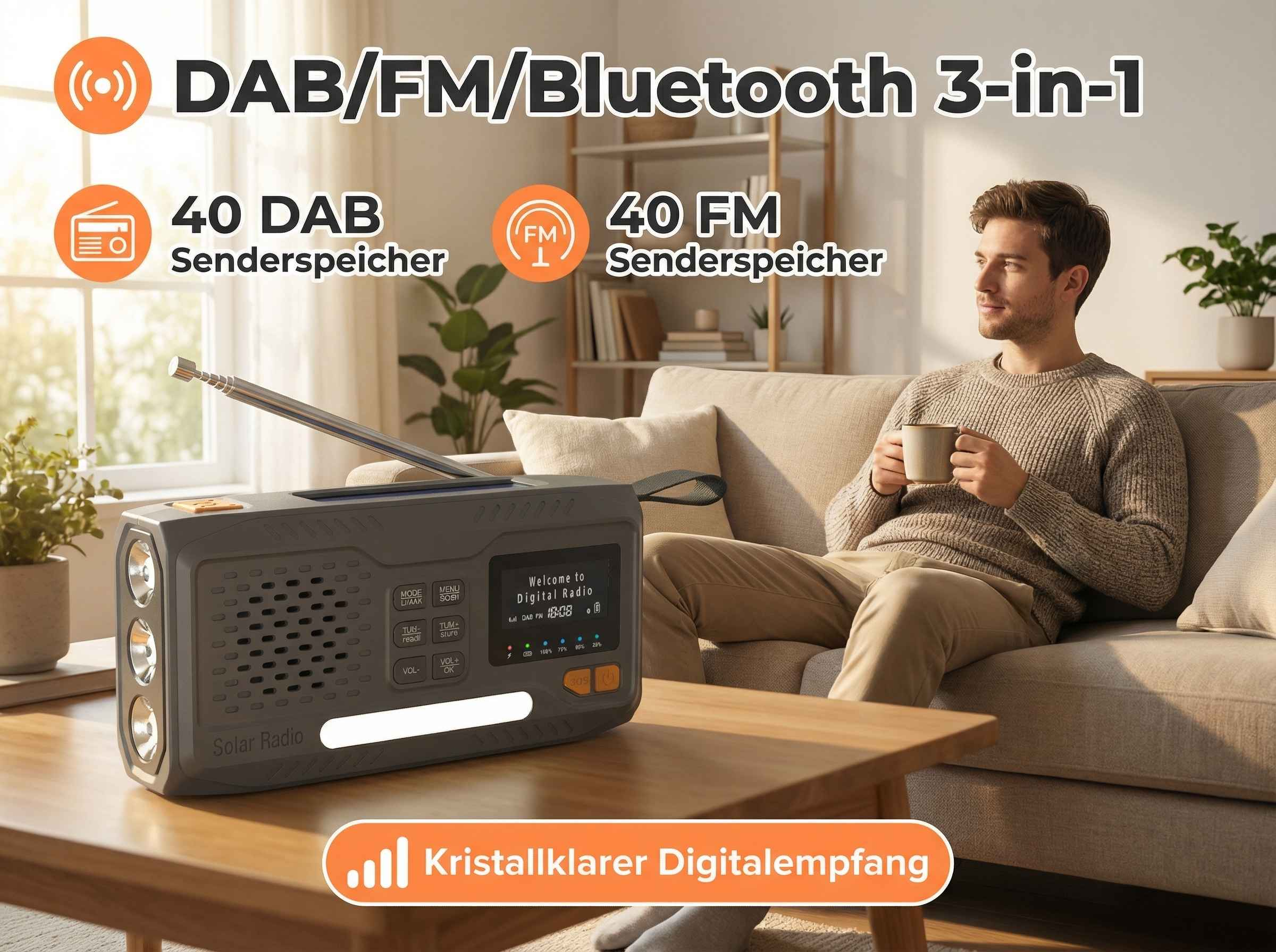 Ein Mann sitzt auf einem Sofa und trinkt Kaffee neben einem Solarradio.