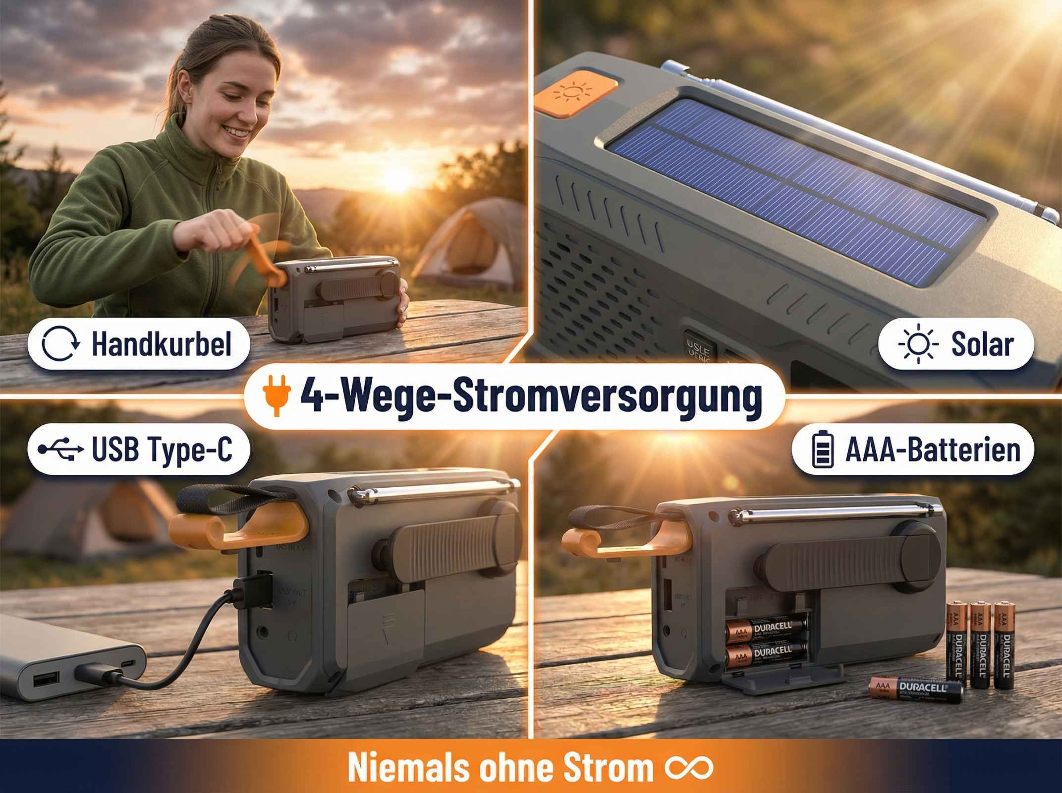Ein Notfallradio mit vier Stromversorgungsoptionen: Handkurbel, Solar, USB-C und AAA-Batterien.
