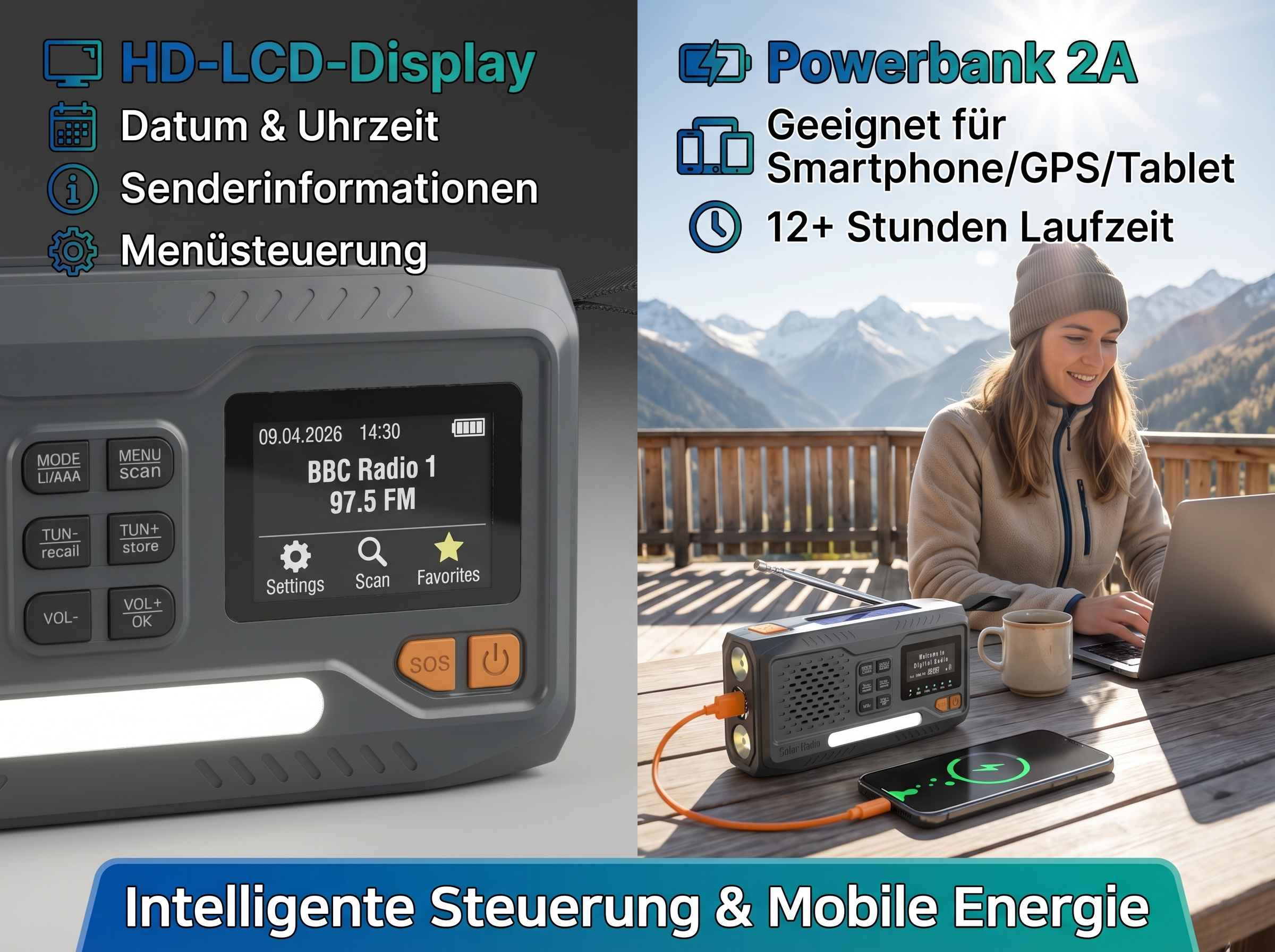Ein Radio mit HD-Display und Powerbank-Funktion, das ein Smartphone lädt, vor Bergkulisse.