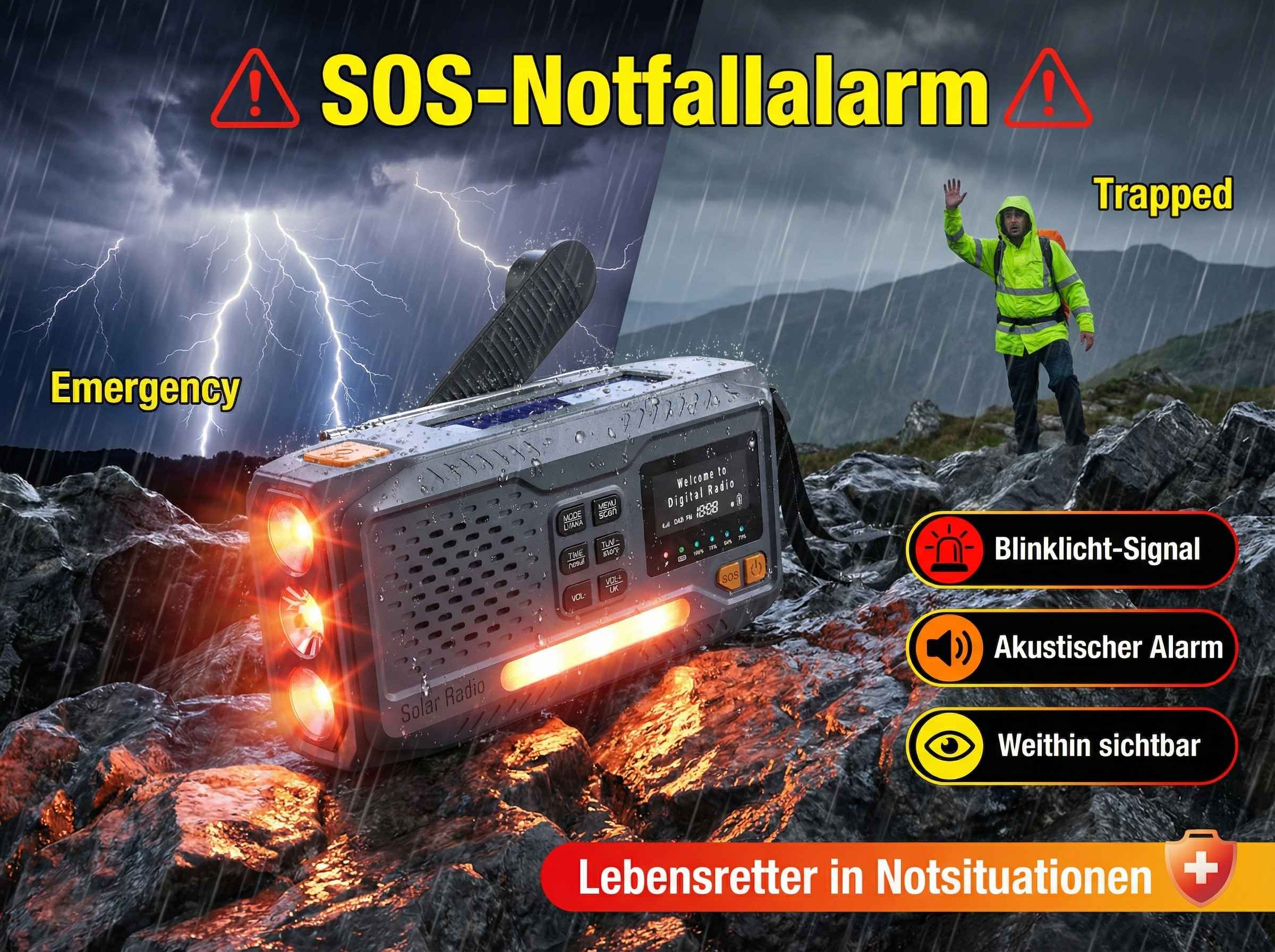 Ein Solarradio mit Notfallalarm bei Sturm und Blitz, eine Person winkt.