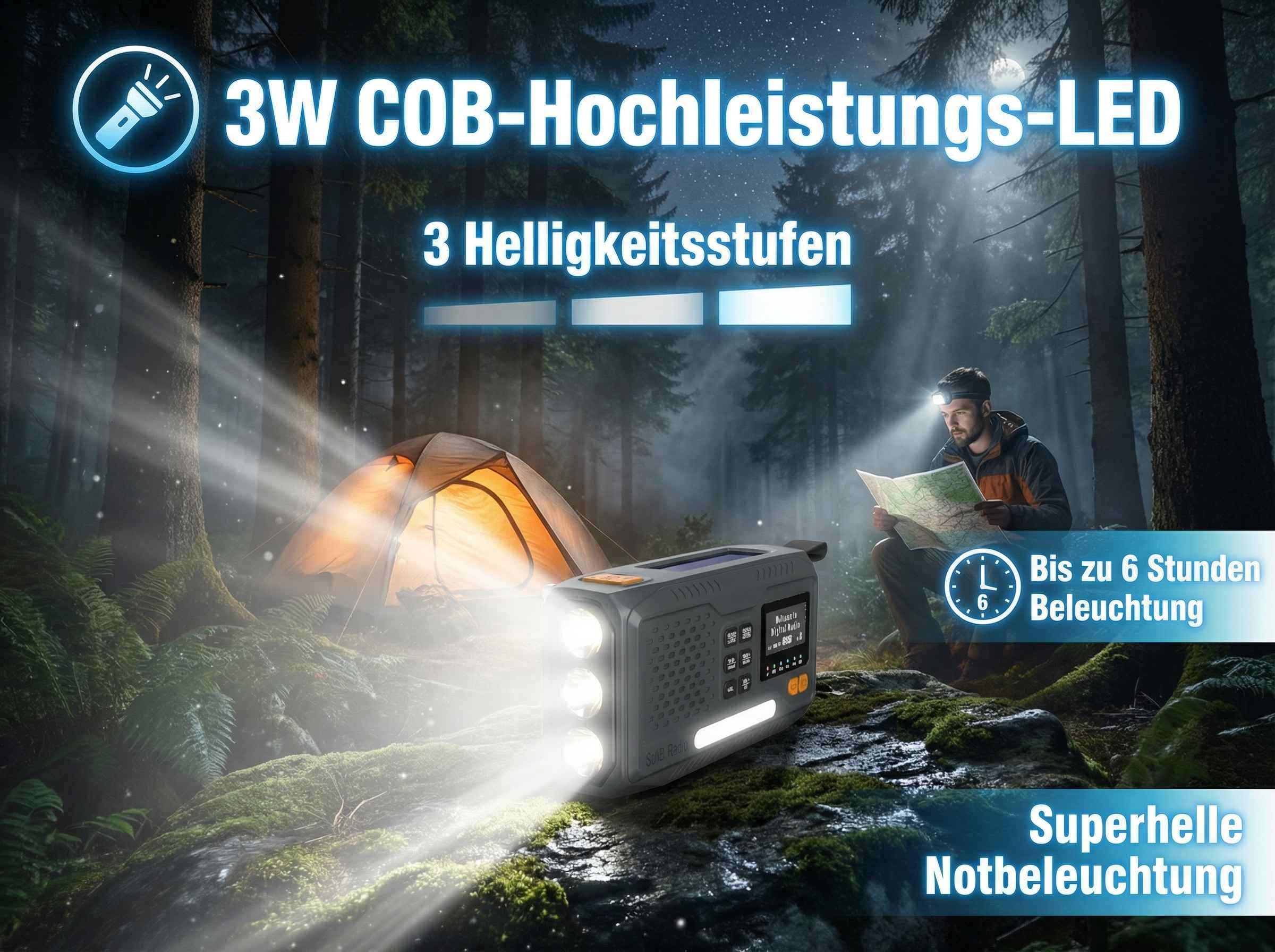 Mann im Wald mit Stirnlampe, beleuchtetes Zelt, Radio mit Licht.
