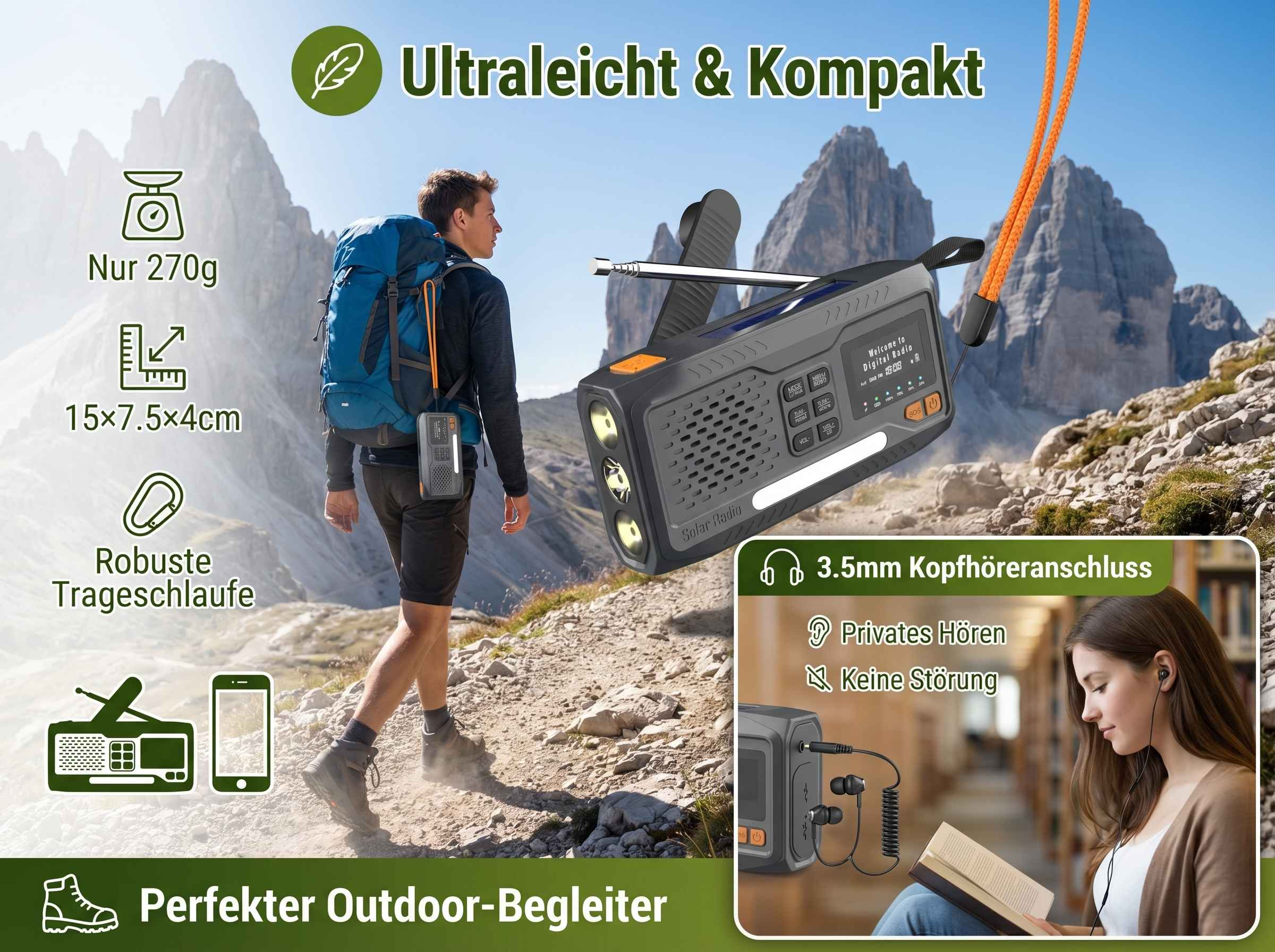 Ein Mann wandert in den Bergen mit einem Solarradio am Rucksack. Nahaufnahme des Radios und einer lesenden Frau mit Kopfhörern.