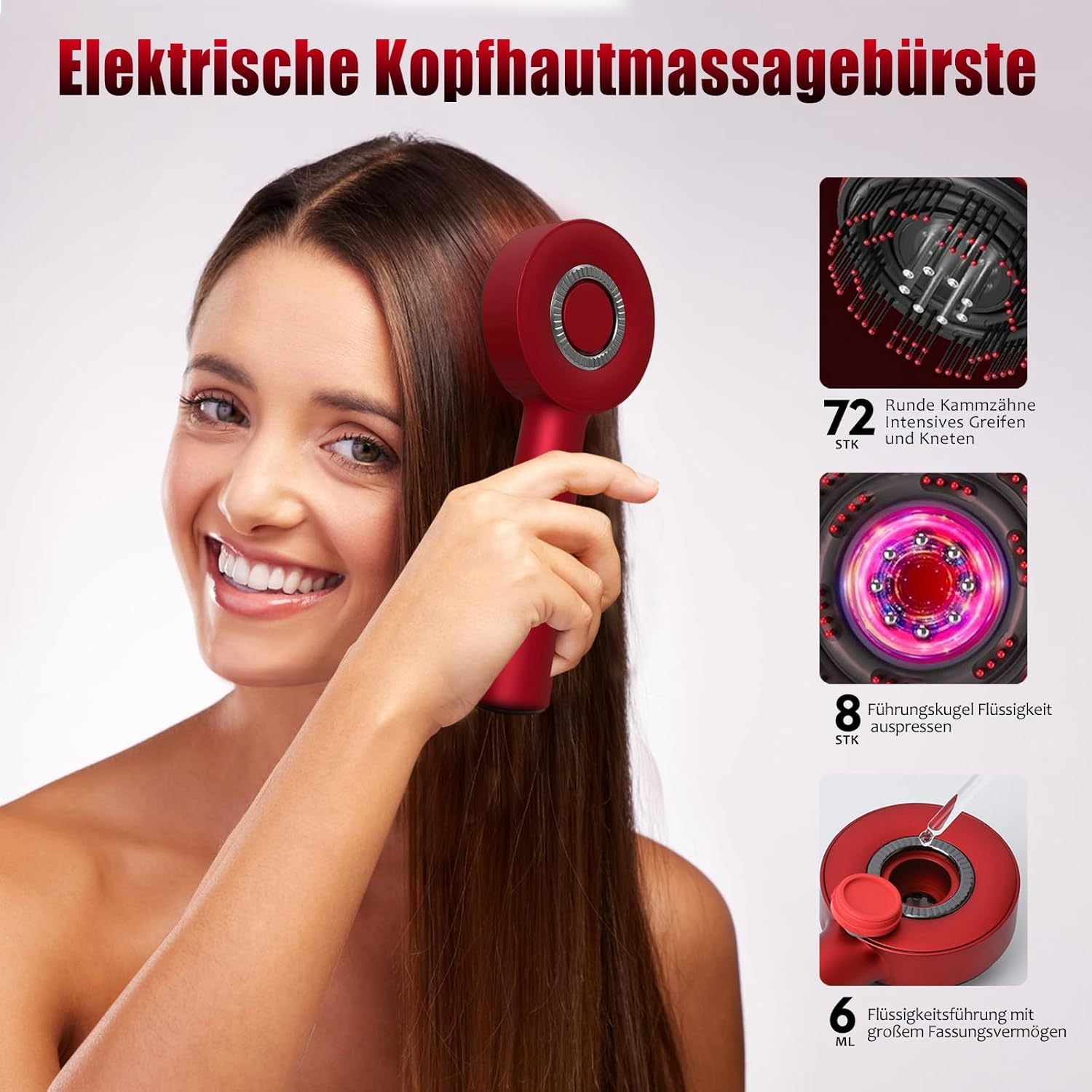 Frau mit elektrischer Kopfhautmassagebürste, mit Details zur Funktion.