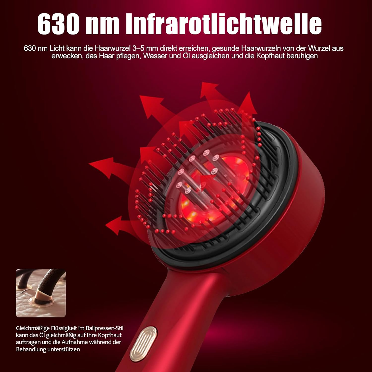 Rotes Lichtwellen-Gerät mit Borsten und Pfeilen, die Energie ausstrahlen.