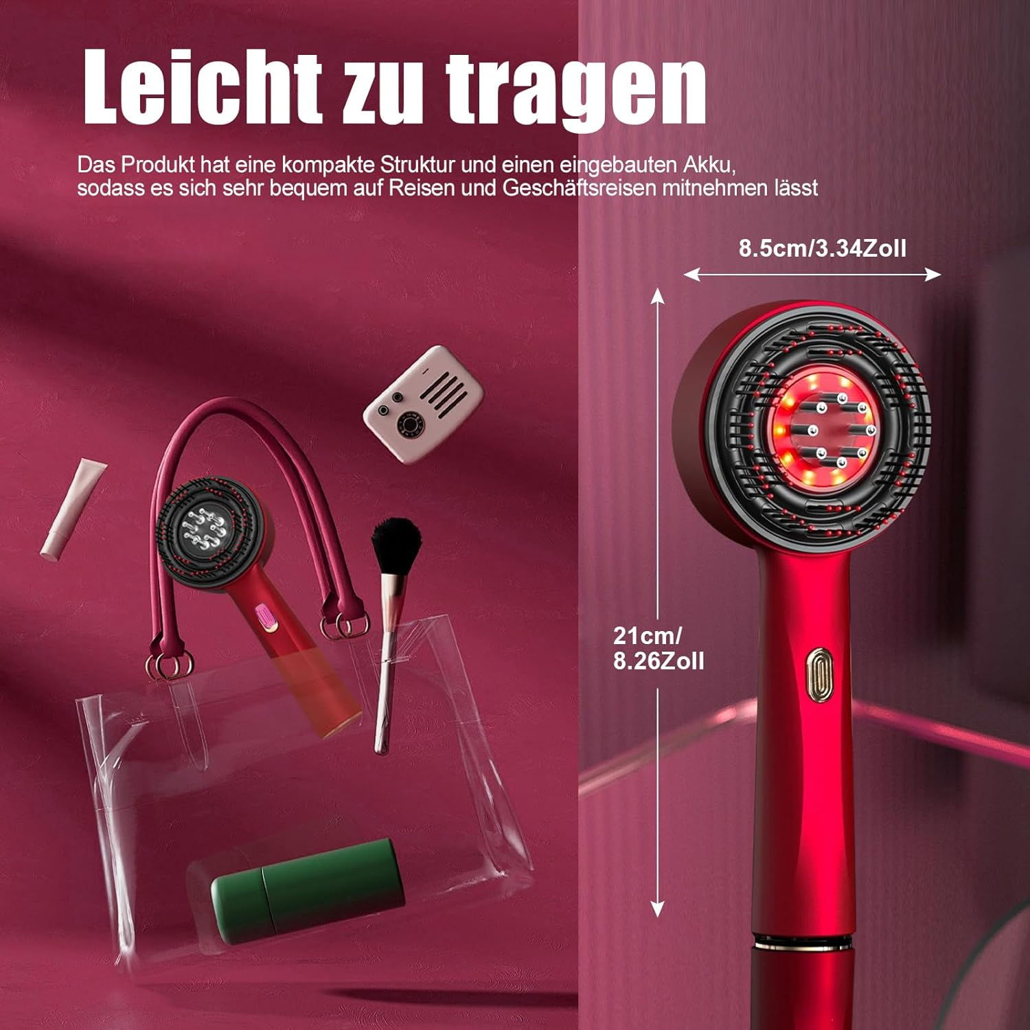 Roter Haartrockner mit Zubehör in einer durchsichtigen Tasche. Maße angezeigt.