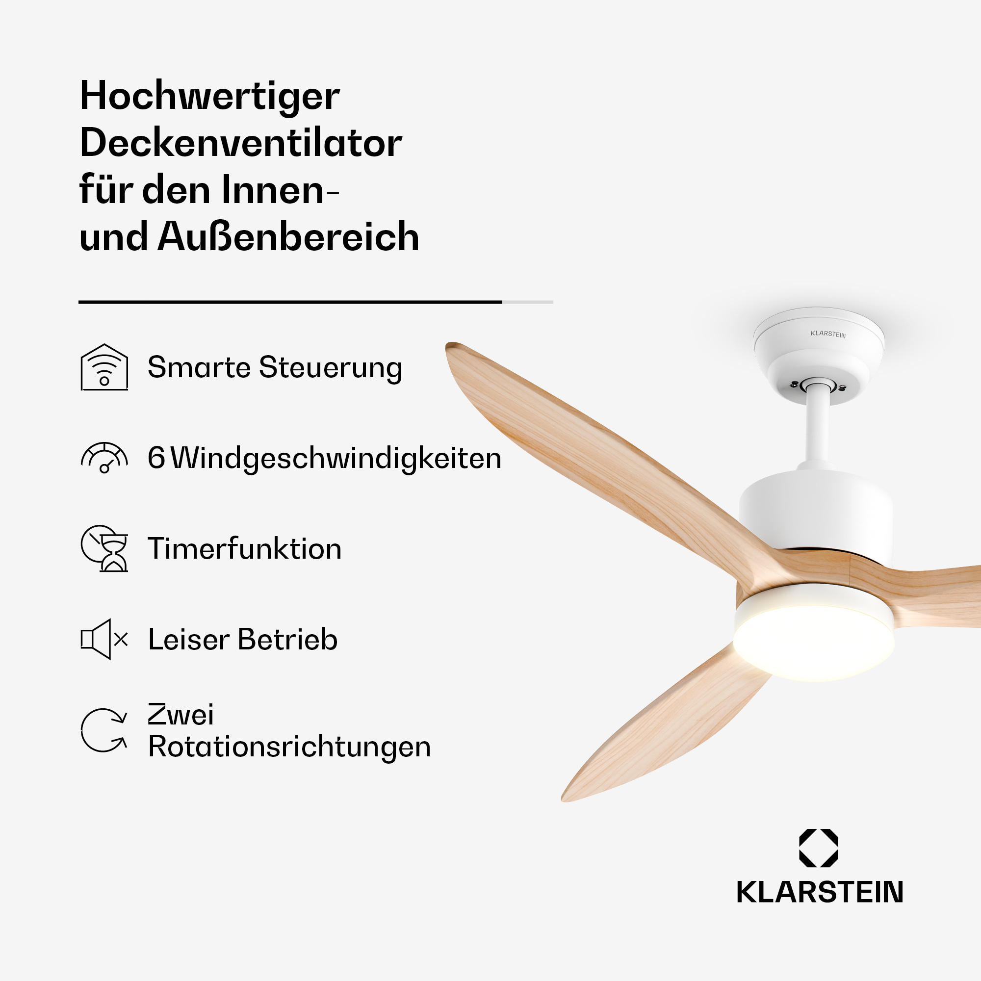 Moderner weißer Deckenventilator mit Holzflügeln und integriertem Licht.