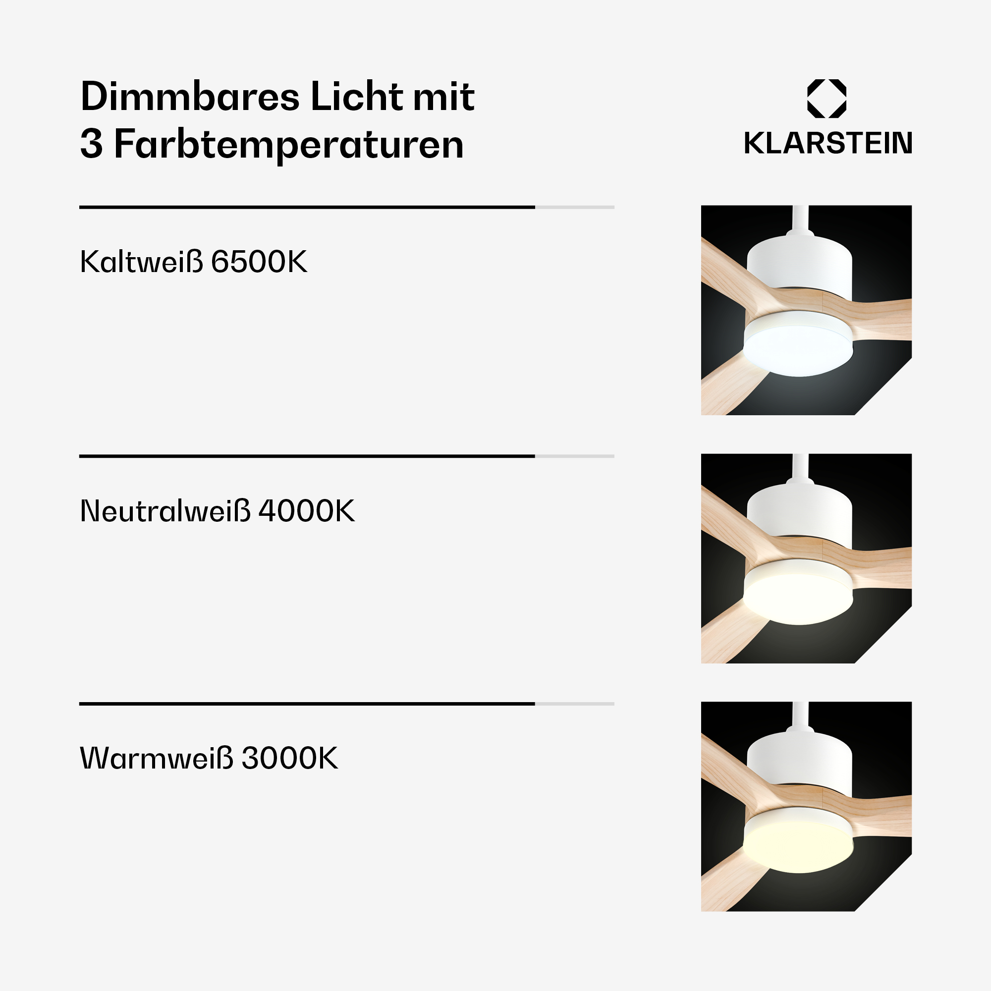 Deckenventilator mit LED-Licht in 3 Farbtemperaturen: Kaltweiß, Neutralweiß, Warmweiß.