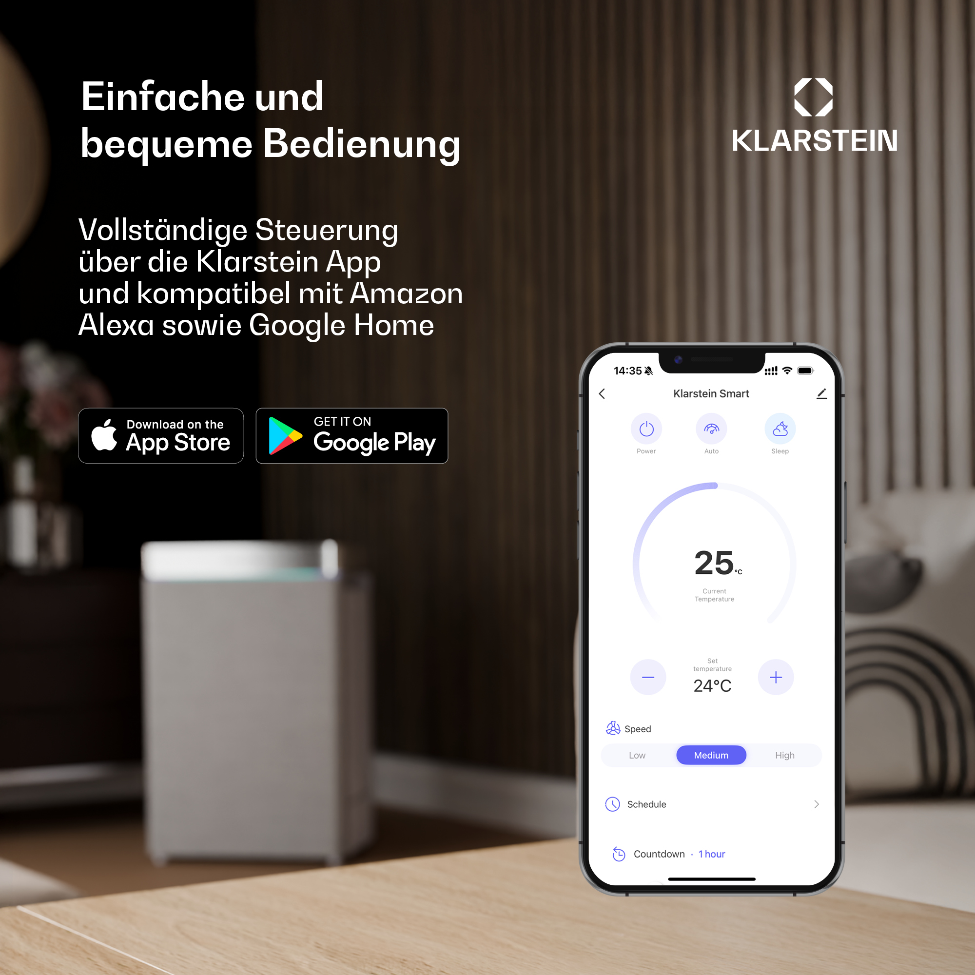Klarstein Smart App Steuerung mit Temperaturanzeige und Einstellungen.