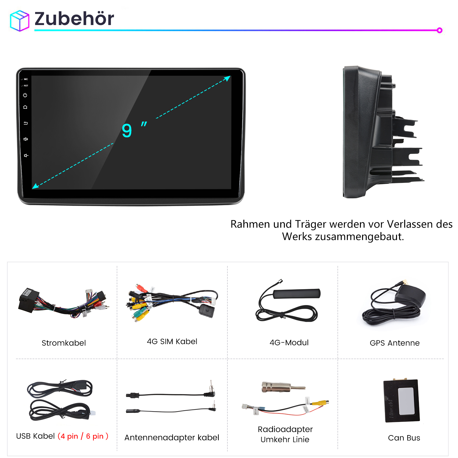 Ein 9-Zoll-Bildschirm und Zubehörteile wie Kabel und Antennen.