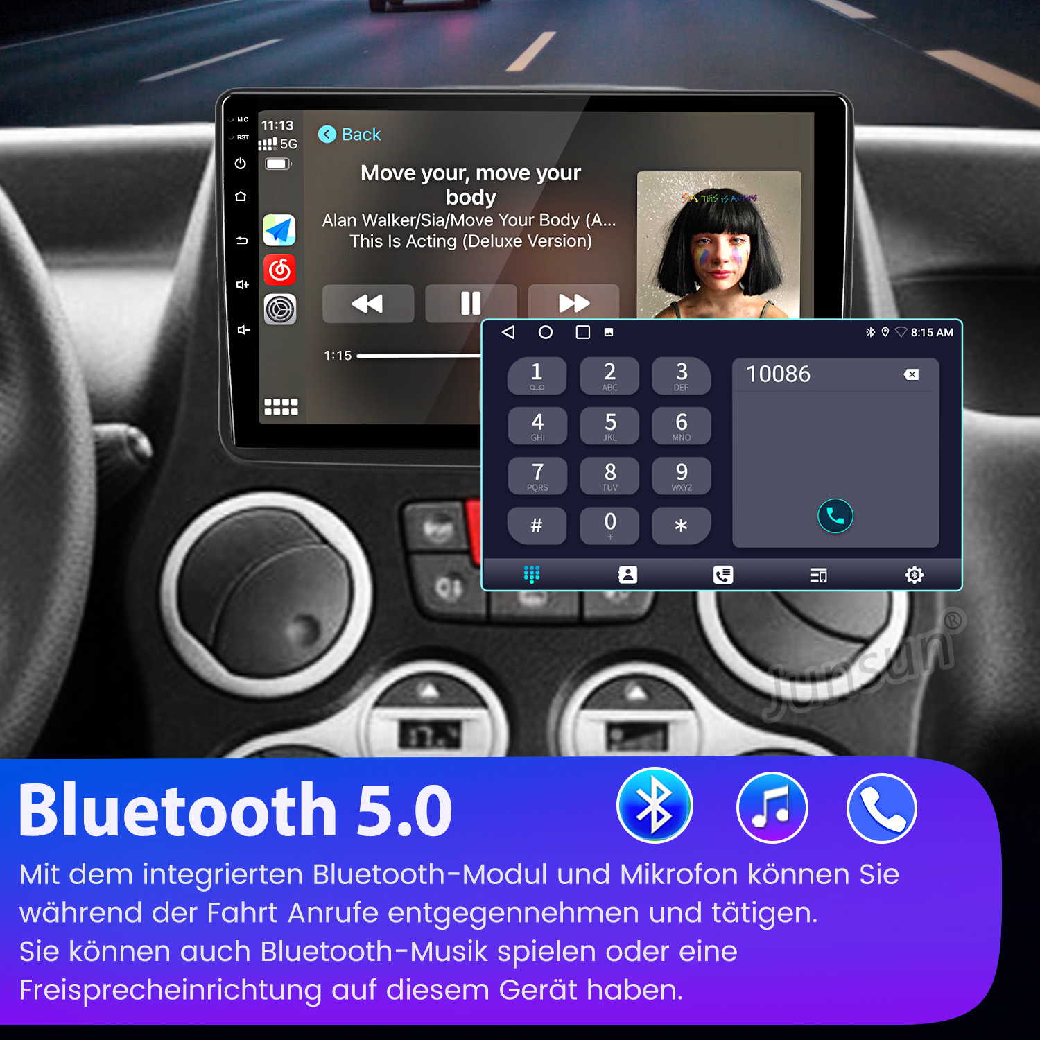 Autoradio-Bildschirm zeigt Musikwiedergabe, Telefon-Tastatur und Bluetooth-Symbol.