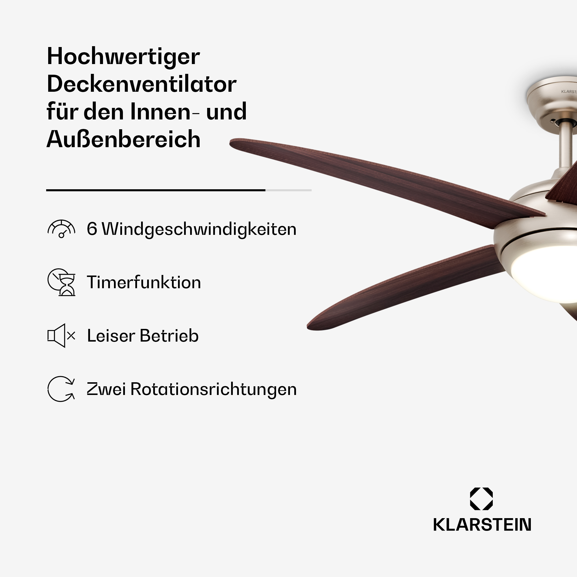 Ventilatore da soffitto di alta qualità con 6 velocità, timer e funzionamento silenzioso.