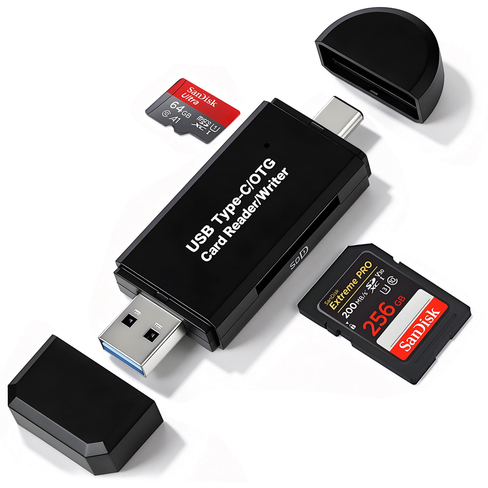 Ein schwarzer USB-C/OTG-Kartenleser mit zwei SD-Karten und Kappen.