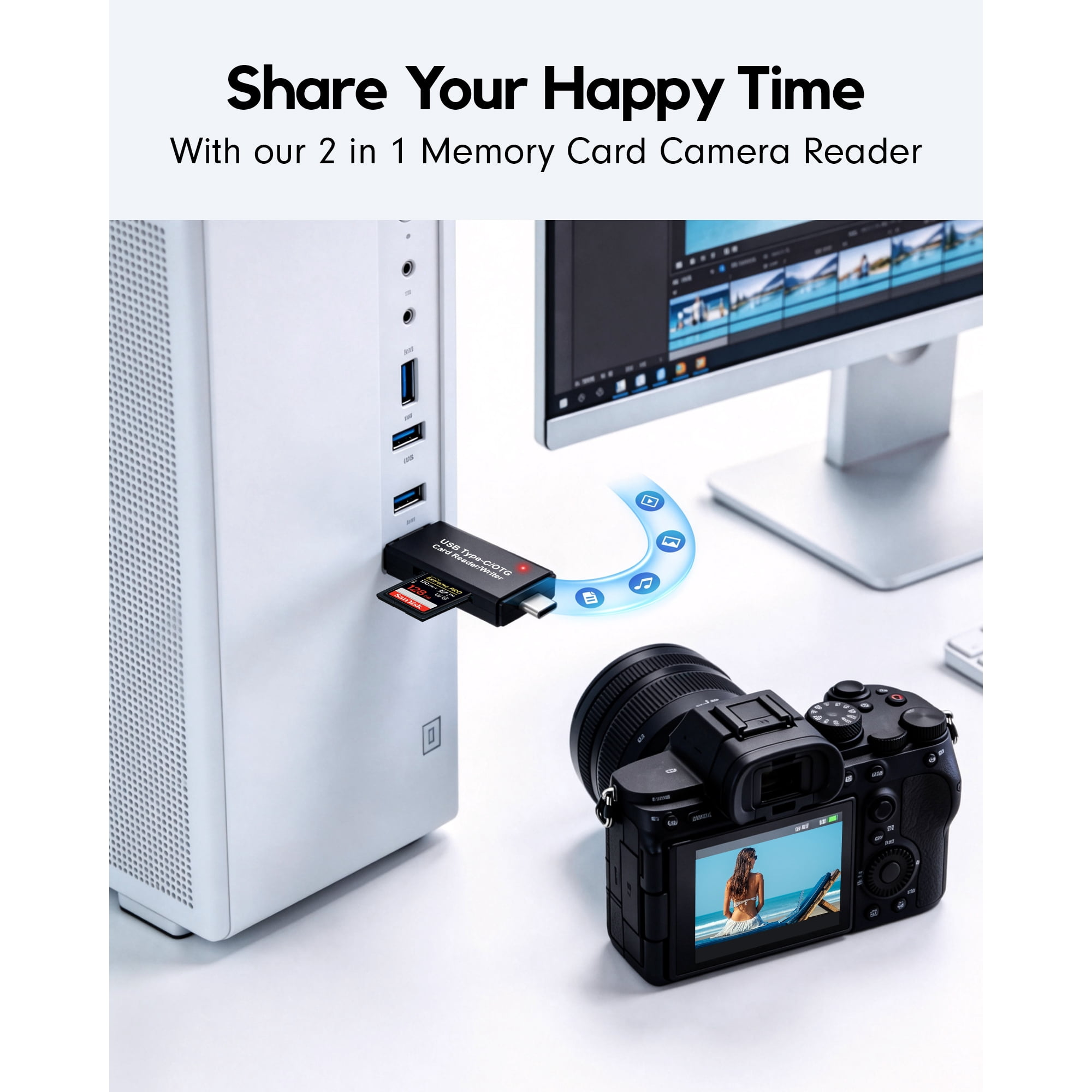 Ein USB-C-Kartenleser mit SD-Karte, Computer, Kamera und Monitor.