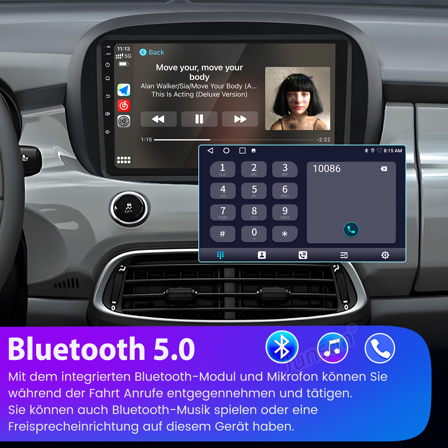 Autodisplay mit Musikwiedergabe und Wähltastatur. Unten Bluetooth 5.0 Logo.