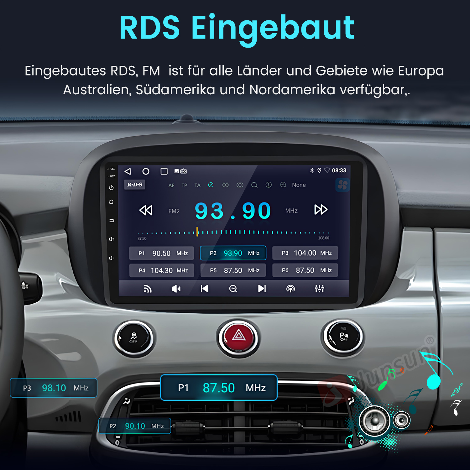 Einbau-RDS-FM-Radio im Auto mit Senderanzeige und Tasten.