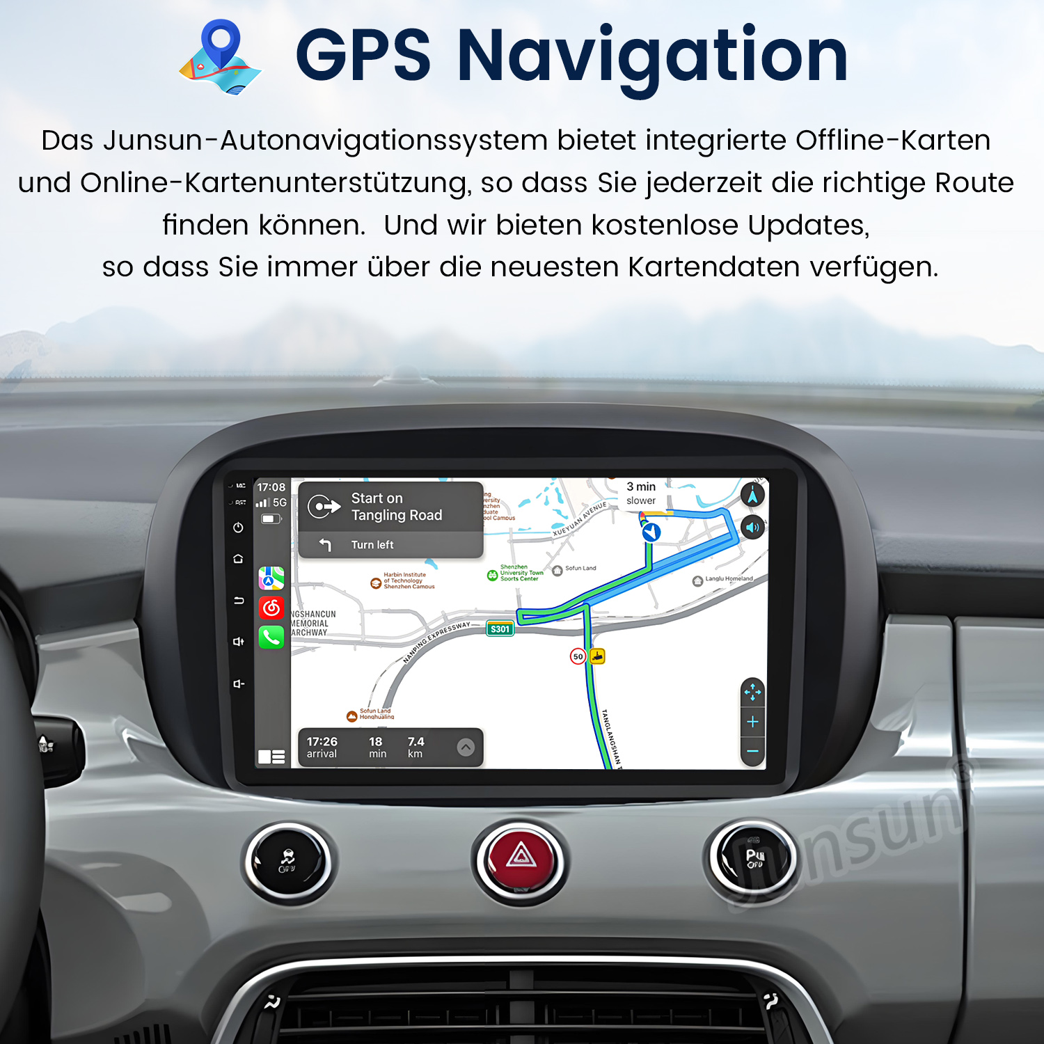 Armaturenbrett mit GPS-Navigationsbildschirm und Text in Deutsch.