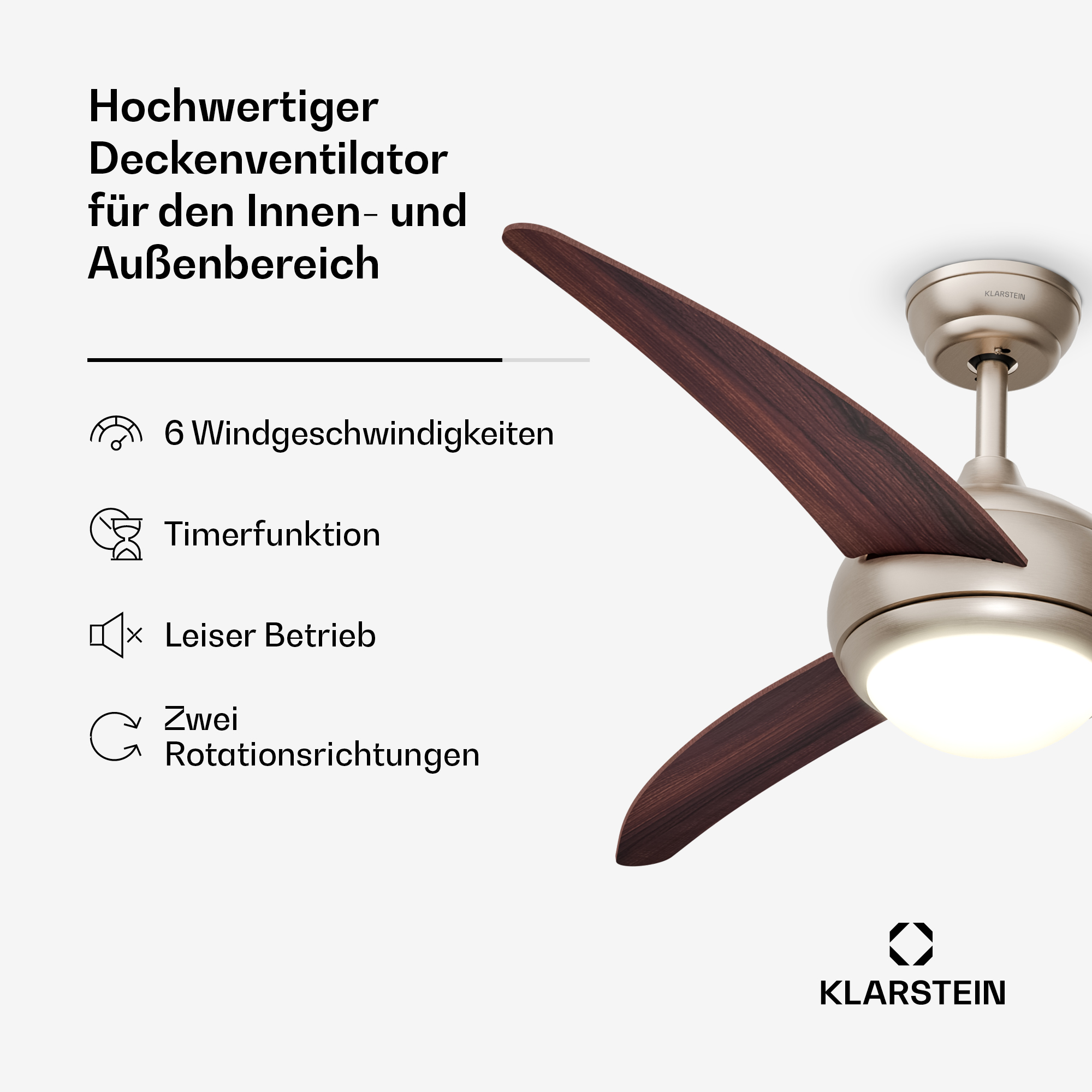Ventilatore da soffitto di alta qualità con pale in legno, luce e logo Klarstein.