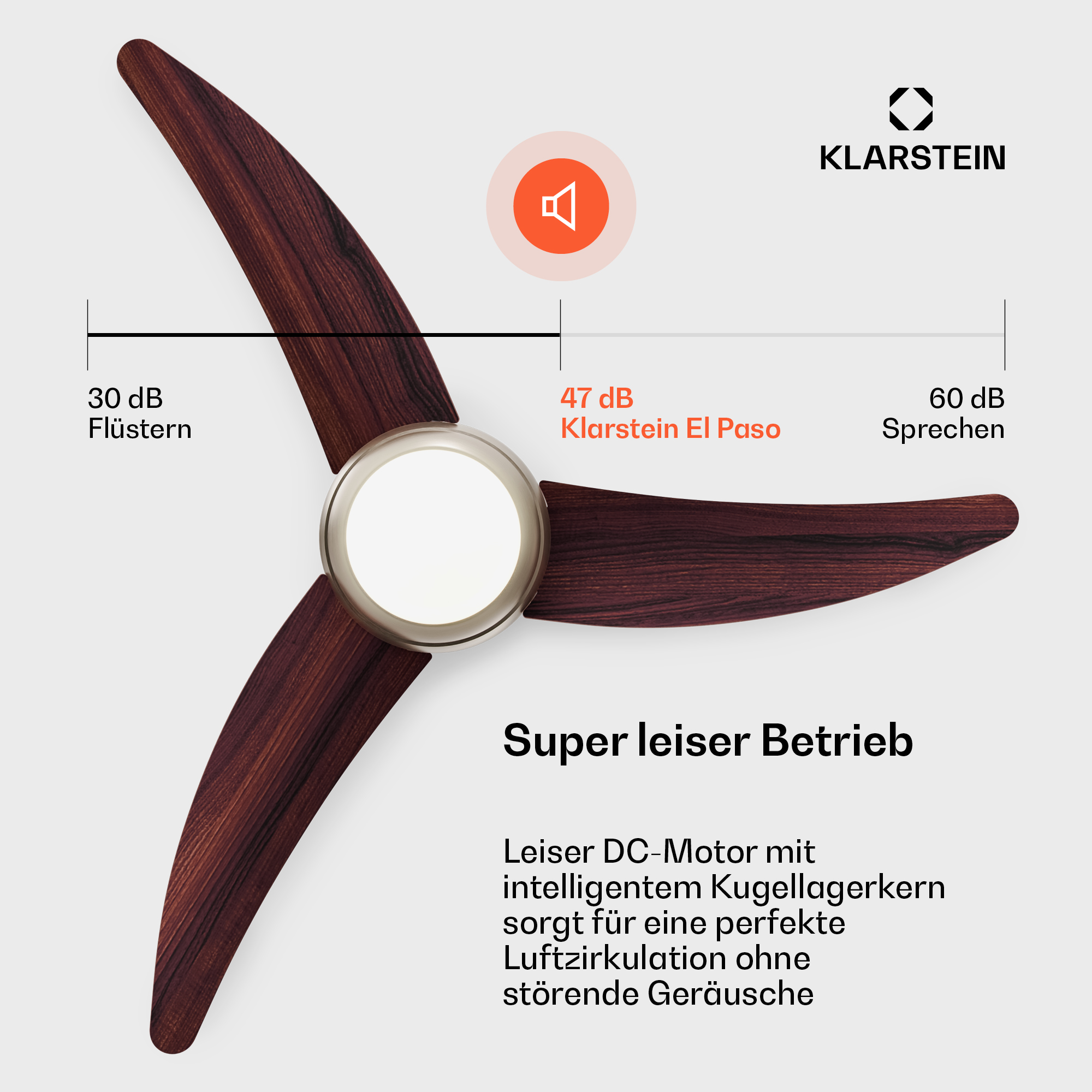 Un ventilatore da soffitto con pale in legno e logo Klarstein. Livelli di rumore 30-60 dB.
