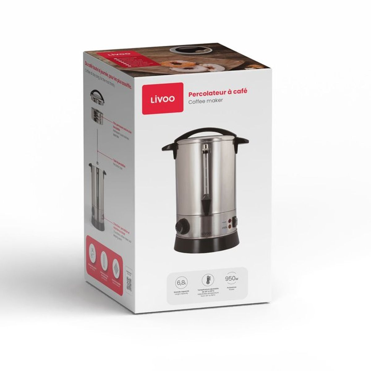 Verpackung einer Kaffeemaschine mit einem Bild der Maschine und technischen Details.