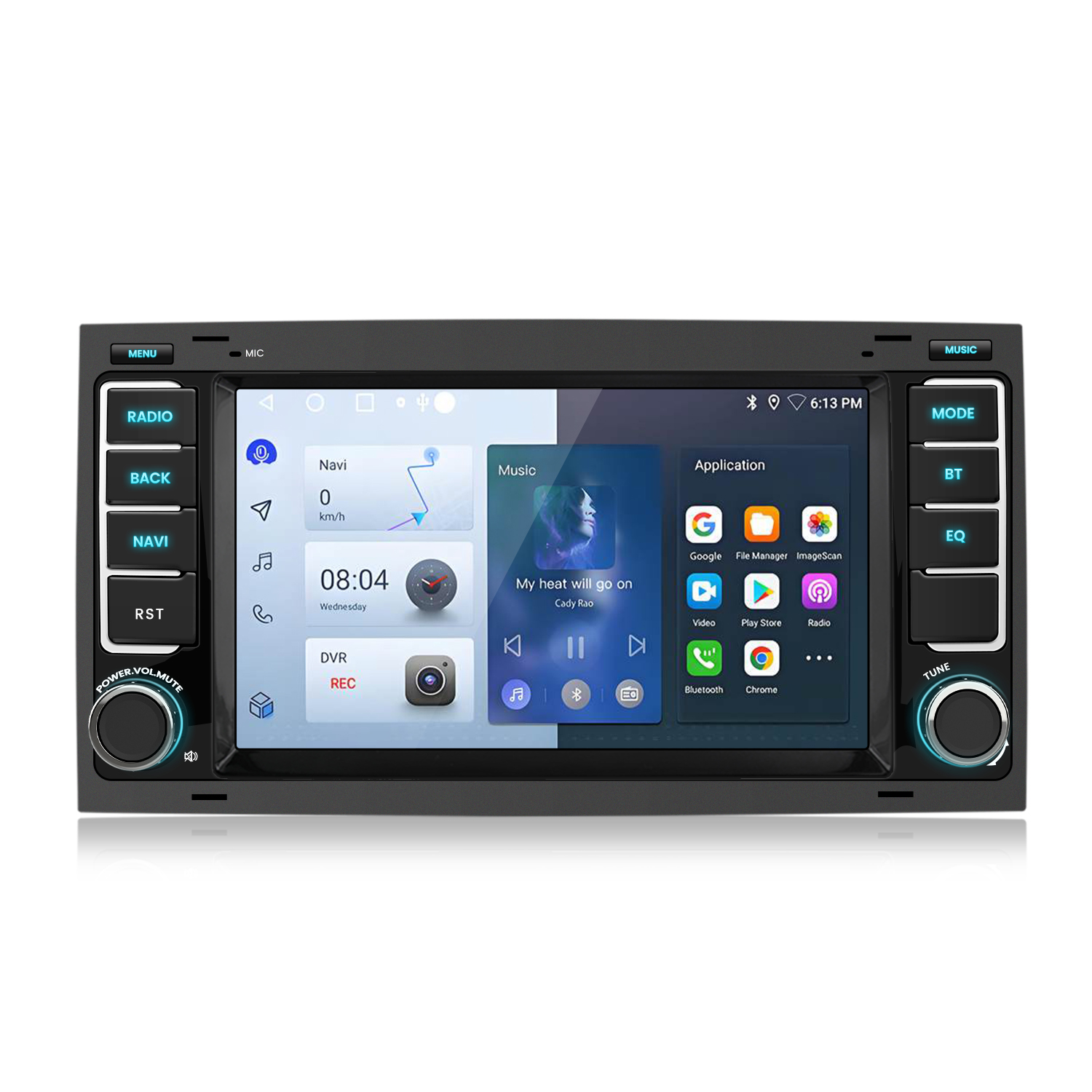 Ein Autoradio-Touchscreen mit Navigation, Musik und Apps. Knöpfe links und rechts.