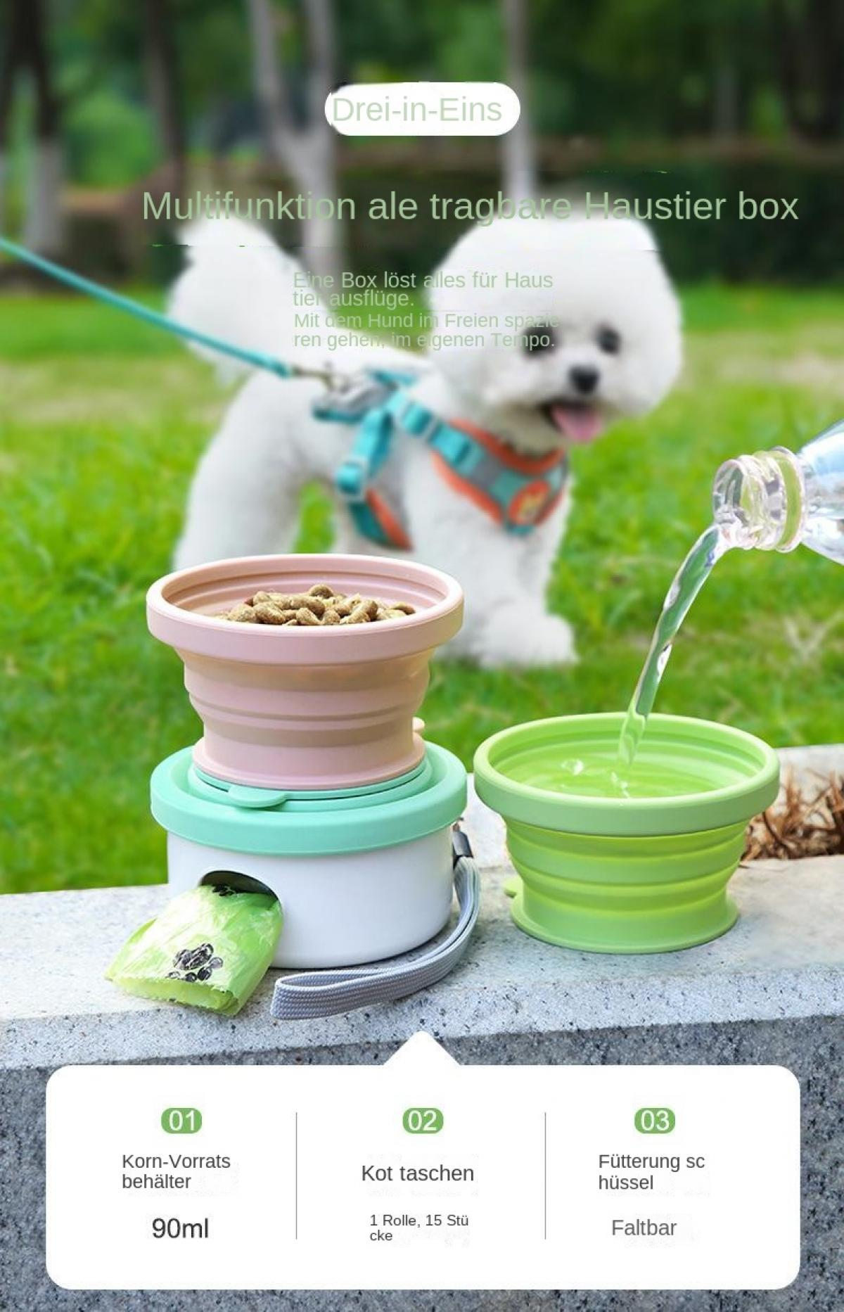 Ein faltbarer Hundeknapf mit Futterbehälter, Kotbeutelspender und Wassernapf.