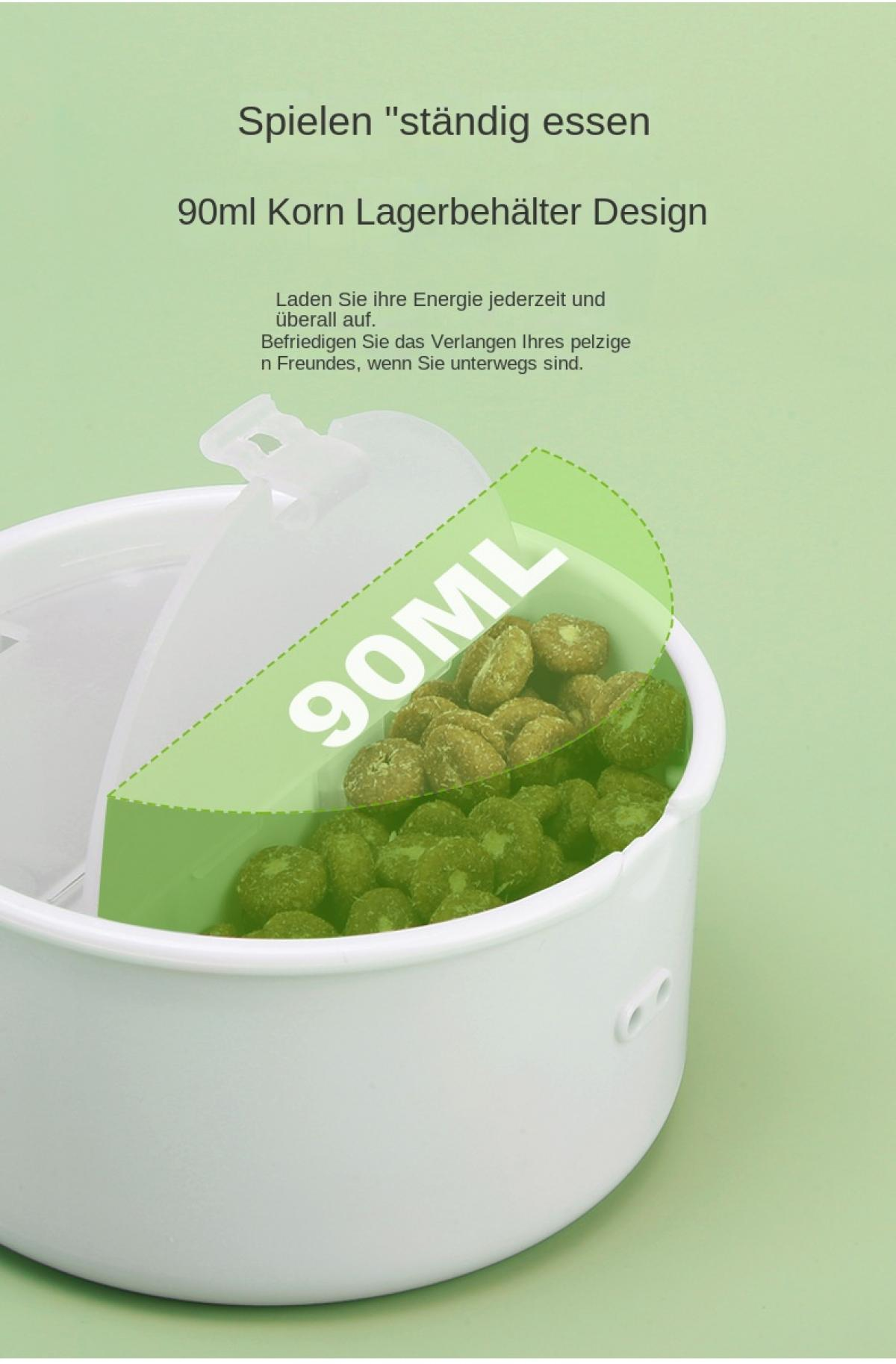 Ein weißer Behälter gefüllt mit Tierfutter mit der Aufschrift 90ML.