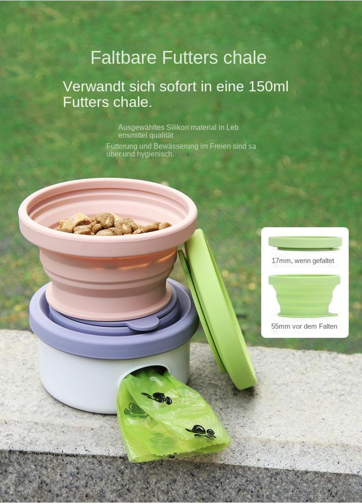 Faltbare Futterschale aus Silikon mit Futter und Kotbeutelspender.