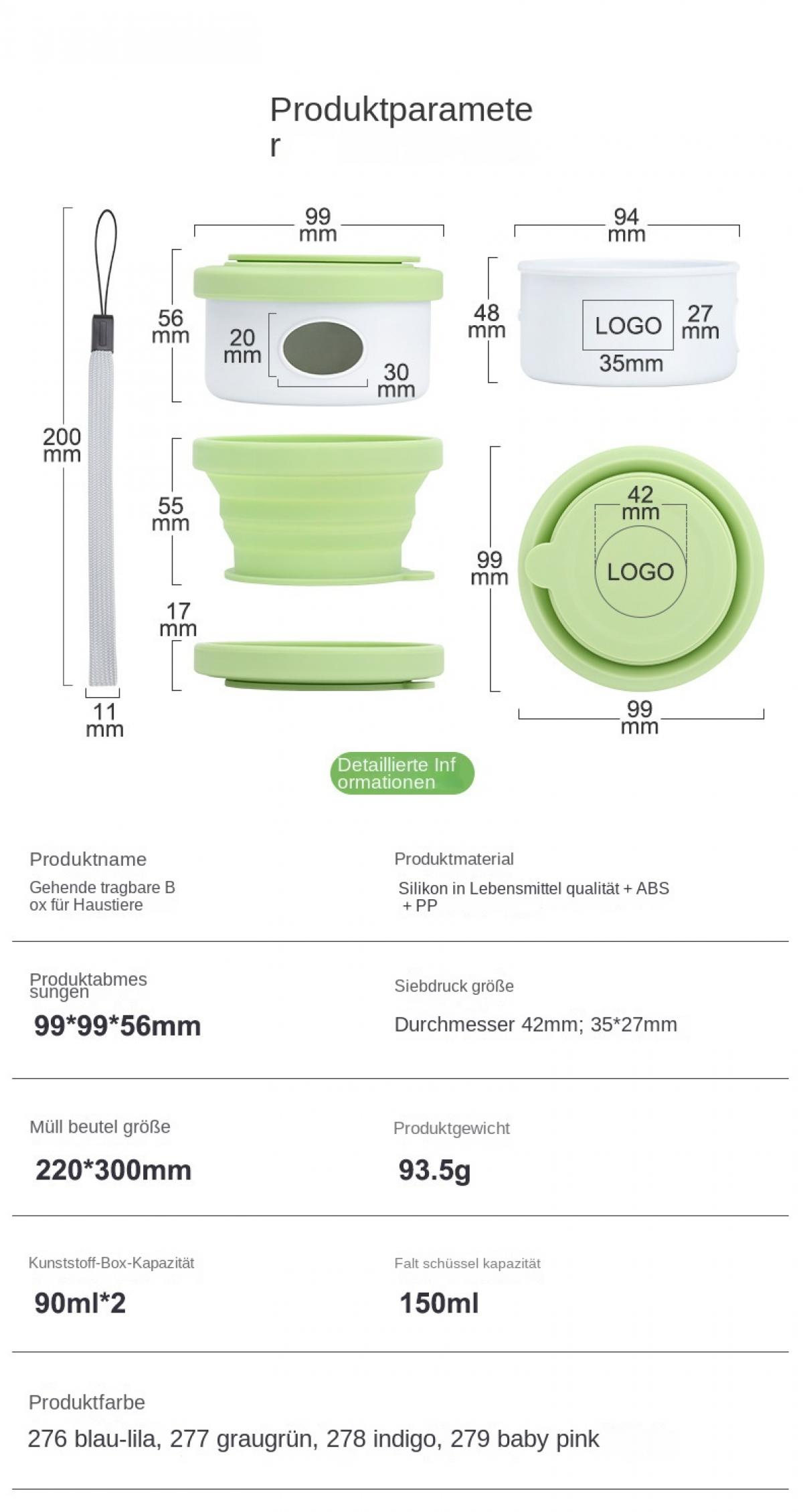 Technische Zeichnung eines faltbaren Behälters mit Maßen und Produktinformationen.