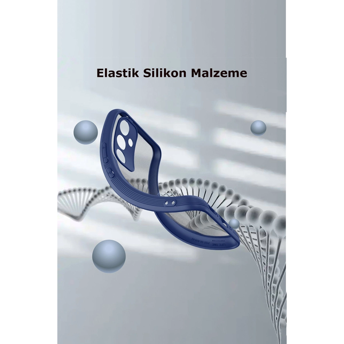 Koyu mavi silikon telefon kılıfı, DNA yapıları ve kürelerle süzülüyor.