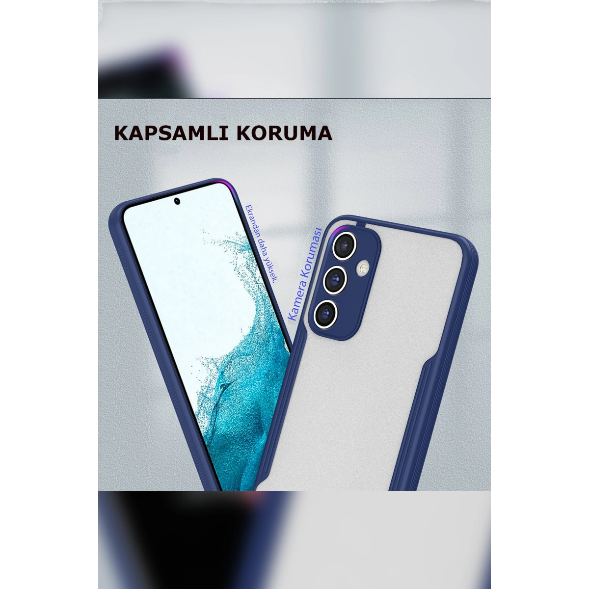 Kamera korumalı mavi telefon kılıfı ve ekranın bir kısmı görünüyor.