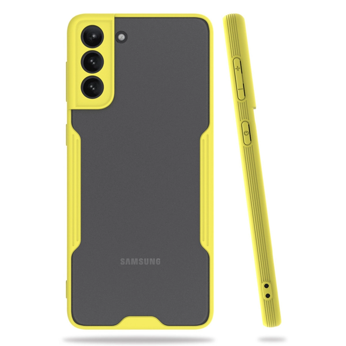 Arkada üç kamerası olan sarı ve gri telefon kılıfı.