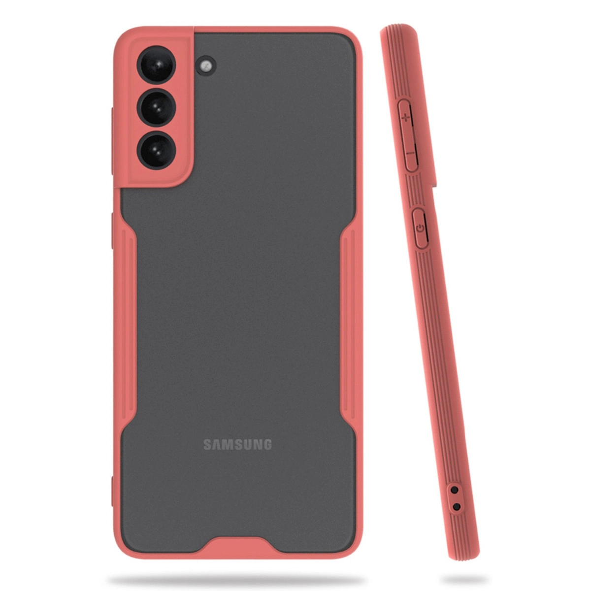 Koyu arka ve üç kameraya sahip mercan rengi telefon kılıfı.