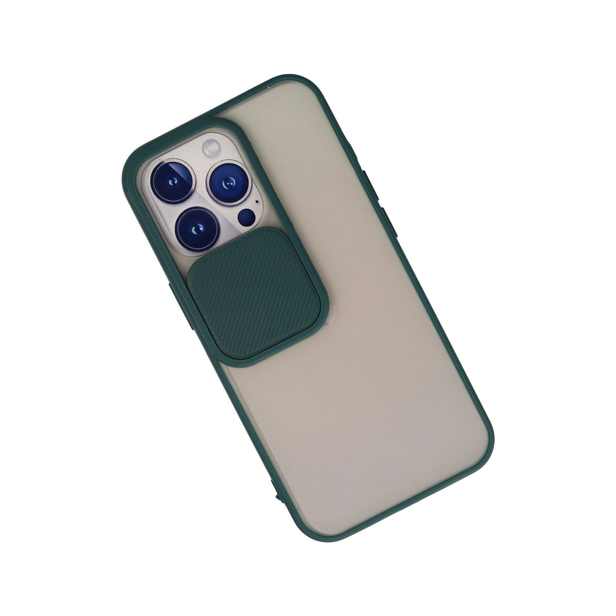 Koyu yeşil kamera kapağı ve çerçeveli şeffaf telefon kılıfı.