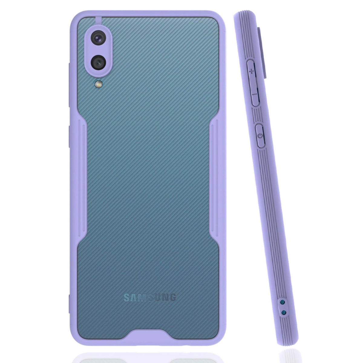Teal dokulu arka ve yan düğmelere sahip mor telefon kılıfı.