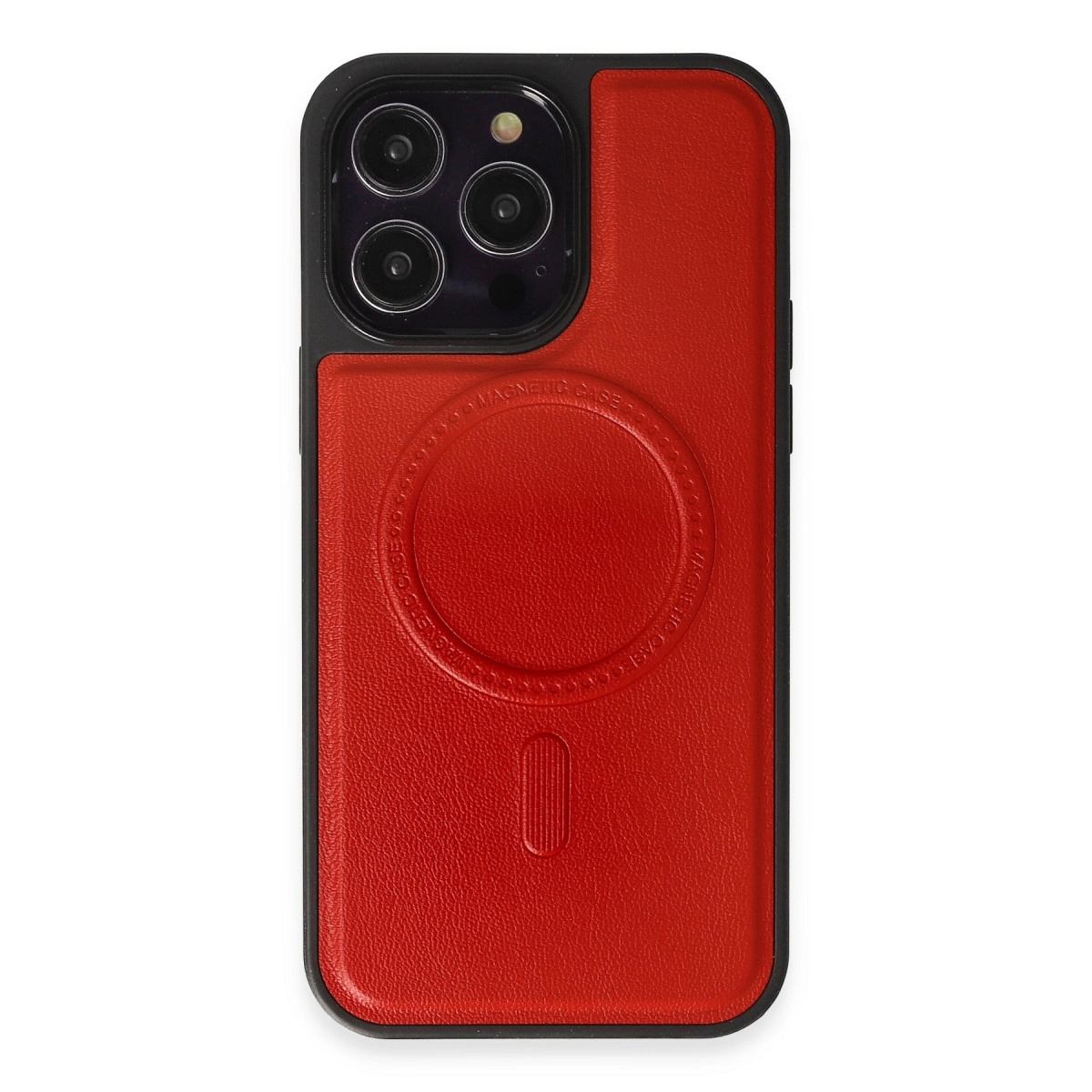 Kamera modülü ve manyetik halkalı kırmızı telefon kılıfı.