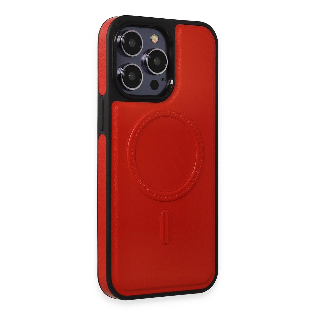 Siyah kenarlı ve kamera modüllü kırmızı telefon kılıfı. Manyetik halka görünür.