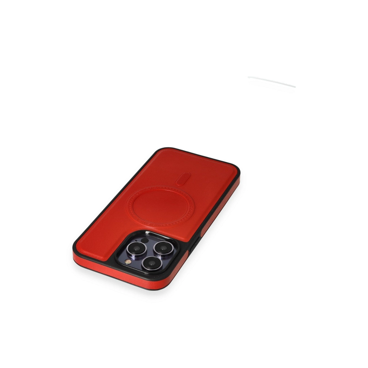 Manyetik şarj özellikli ve kamera kesimli kırmızı telefon kılıfı.