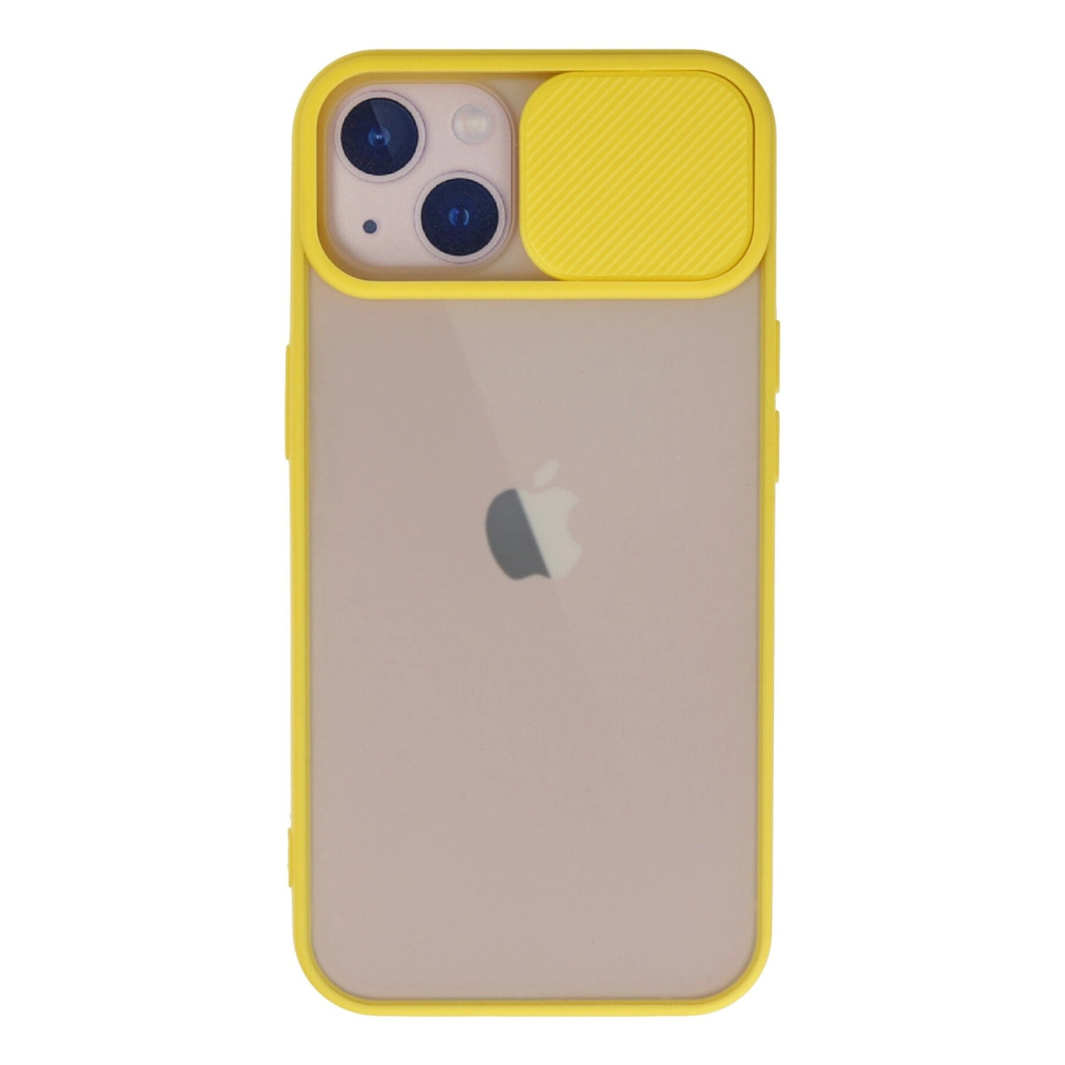 Arkadan şeffaf ve kamera kapaklı sarı bir iPhone kılıfı.