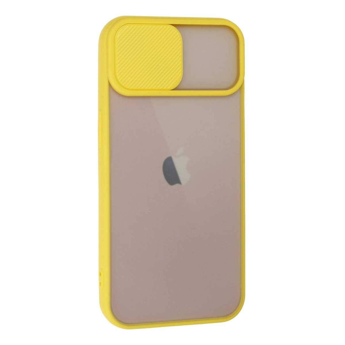 Şeffaf arka ve kamera kapaklı sarı iPhone kılıfı.