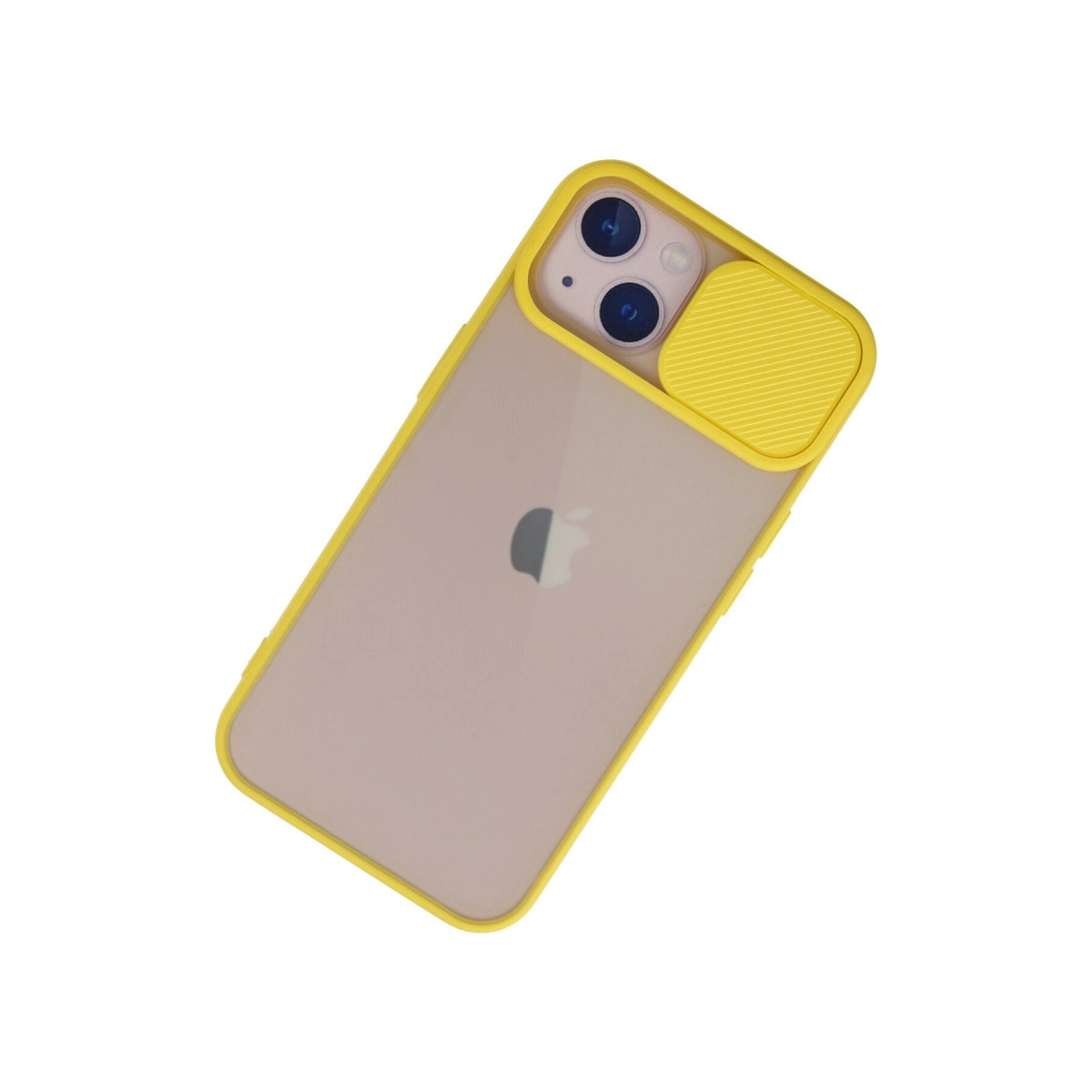 Sarı kılıflı ve kamera kapaklı şeffaf bir iPhone.