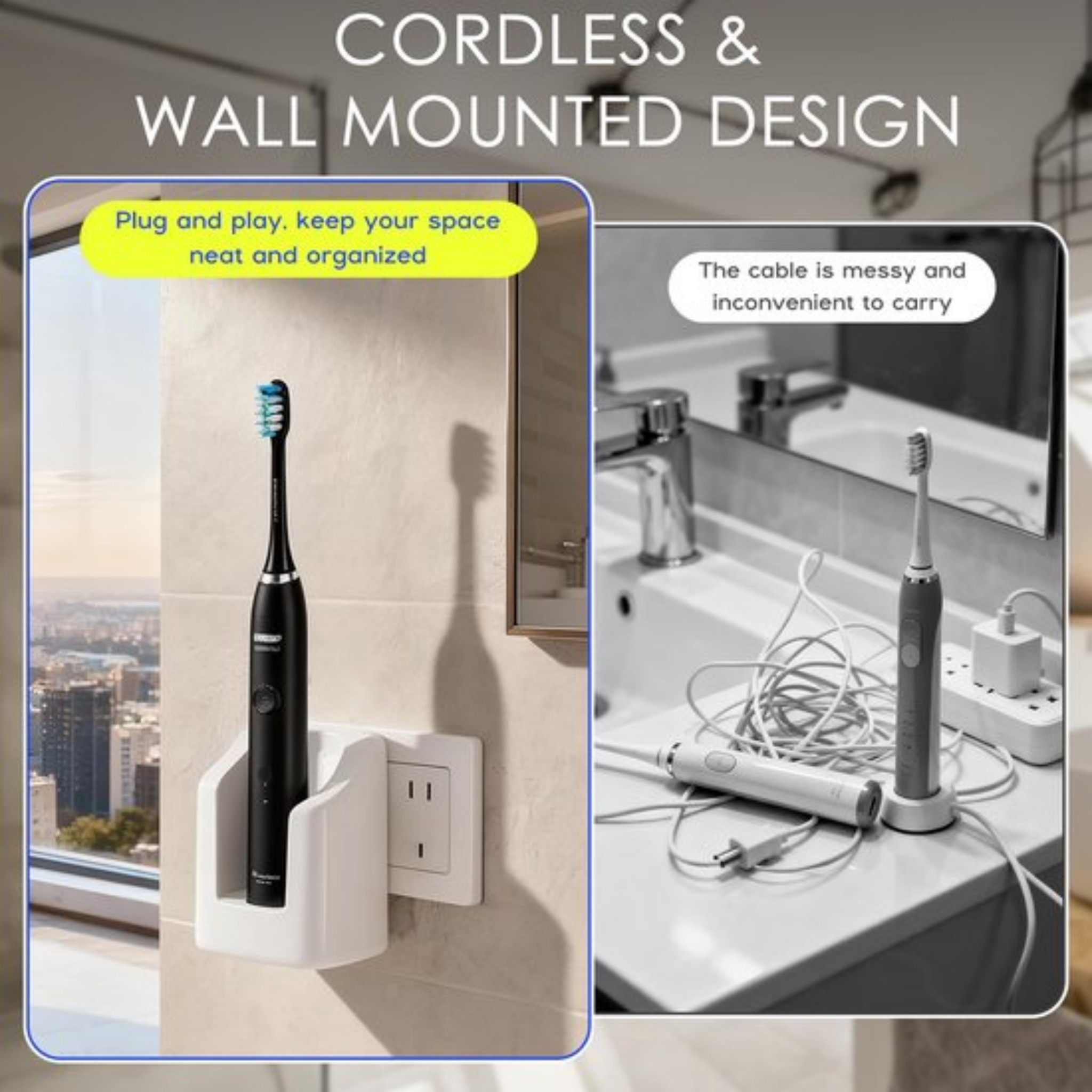Ein schwarzer elektrischer Zahnbürstenhalter an der Wand neben einem Fenster und ein unordentliches Kabel daneben.