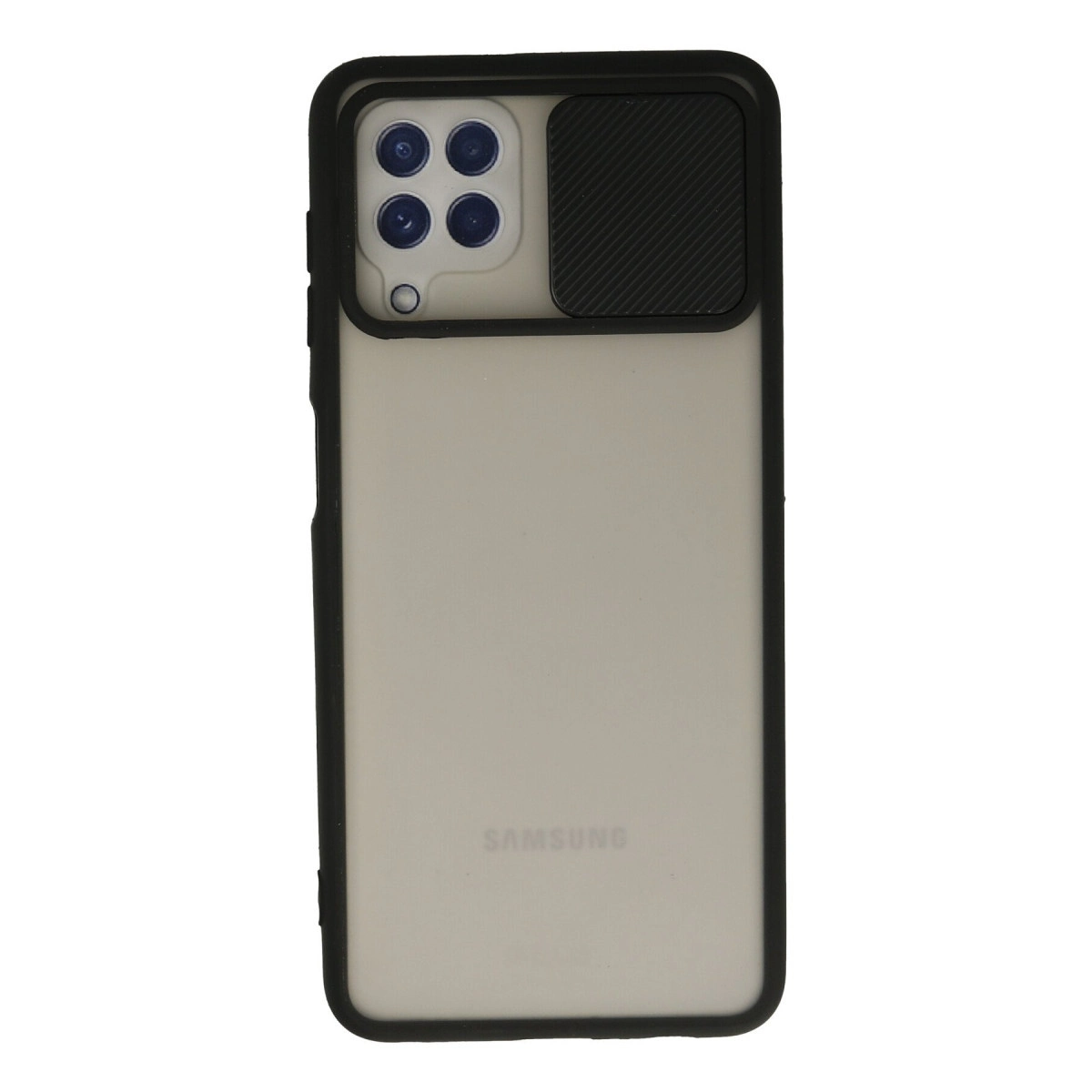 Dört kameralı ve kaydırmalı kapaklı siyah telefon kılıfı.