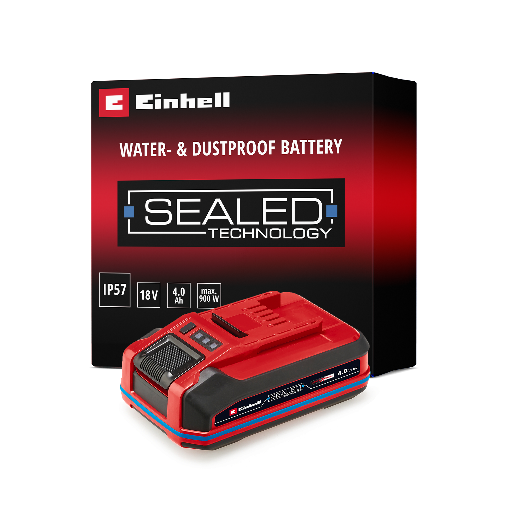 Rote und schwarze Einhell-Batterie mit Aufdrucken, auf weißem Hintergrund.