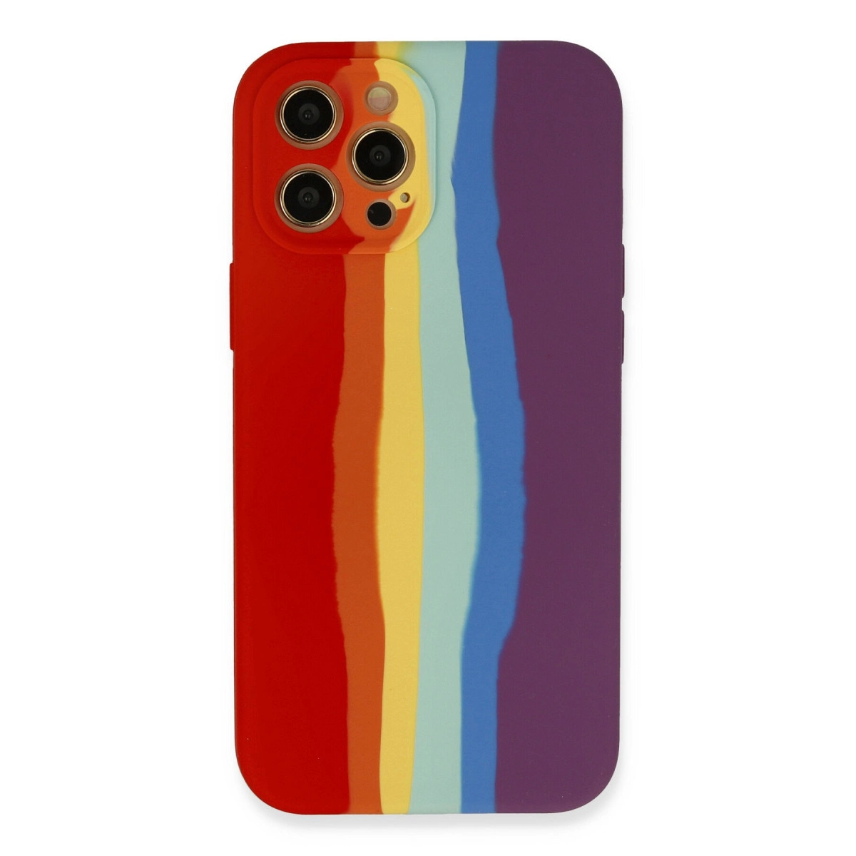 Gökkuşağı şeritli ve kamera kesimli renkli iPhone kılıfı.