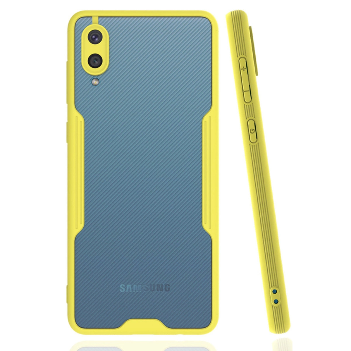 Arkası çizgili, kamera oyuntulu sarı ve mavi telefon kılıfı.
