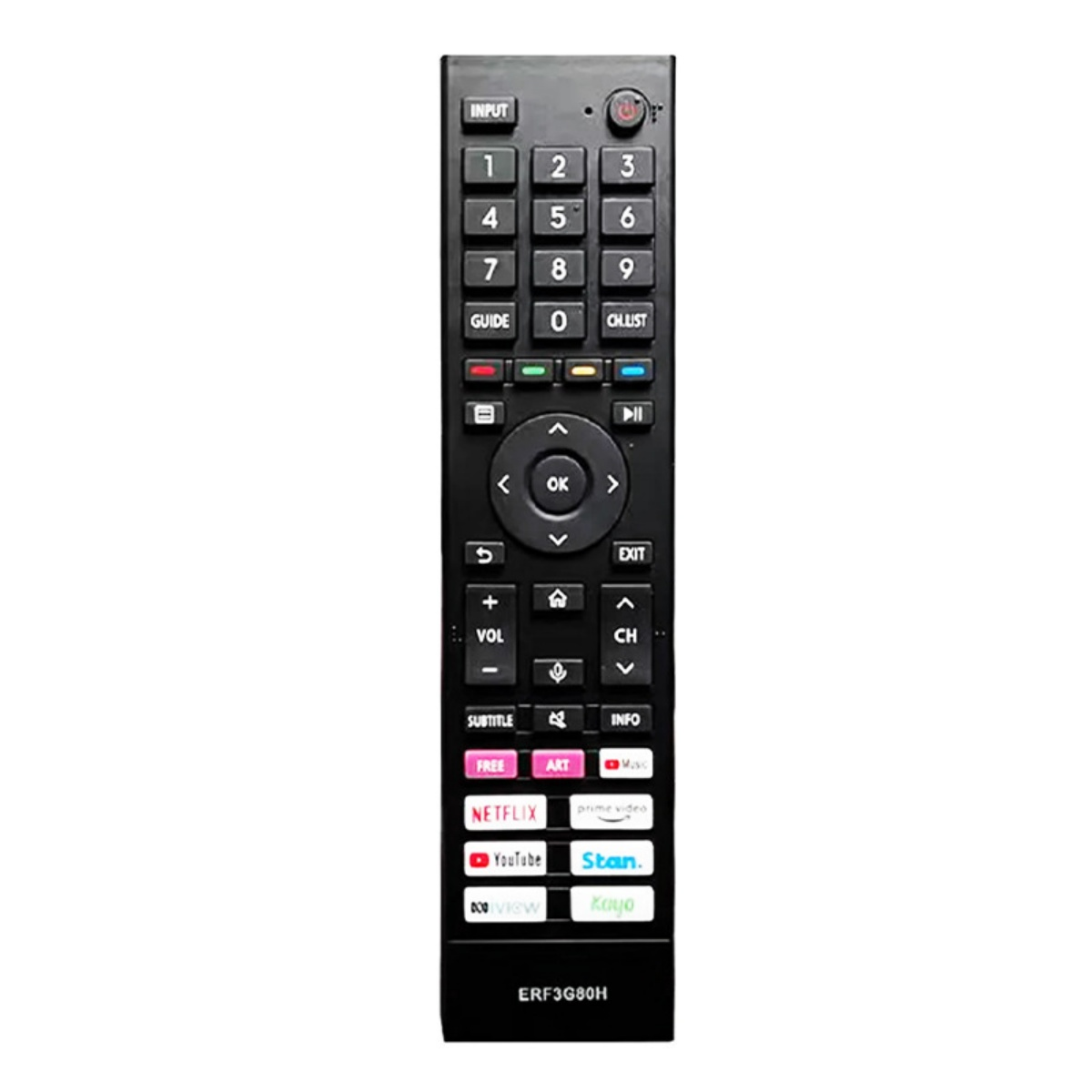 Schwarze Fernbedienung mit Zifferntasten, Navigationstasten und App-Verknüpfungen wie Netflix.