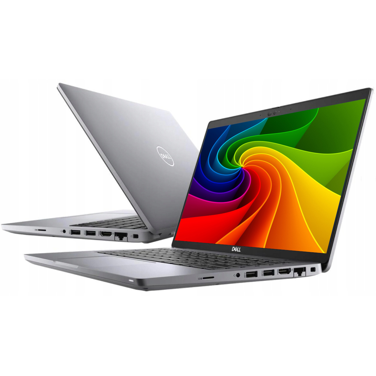 Zwei silberne Dell Laptops nebeneinander, einer geöffnet mit buntem Hintergrund.