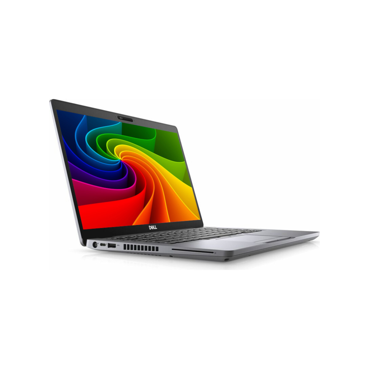 Ein offener silberner Dell Laptop mit einem bunten, wirbelnden Hintergrund auf dem Bildschirm.