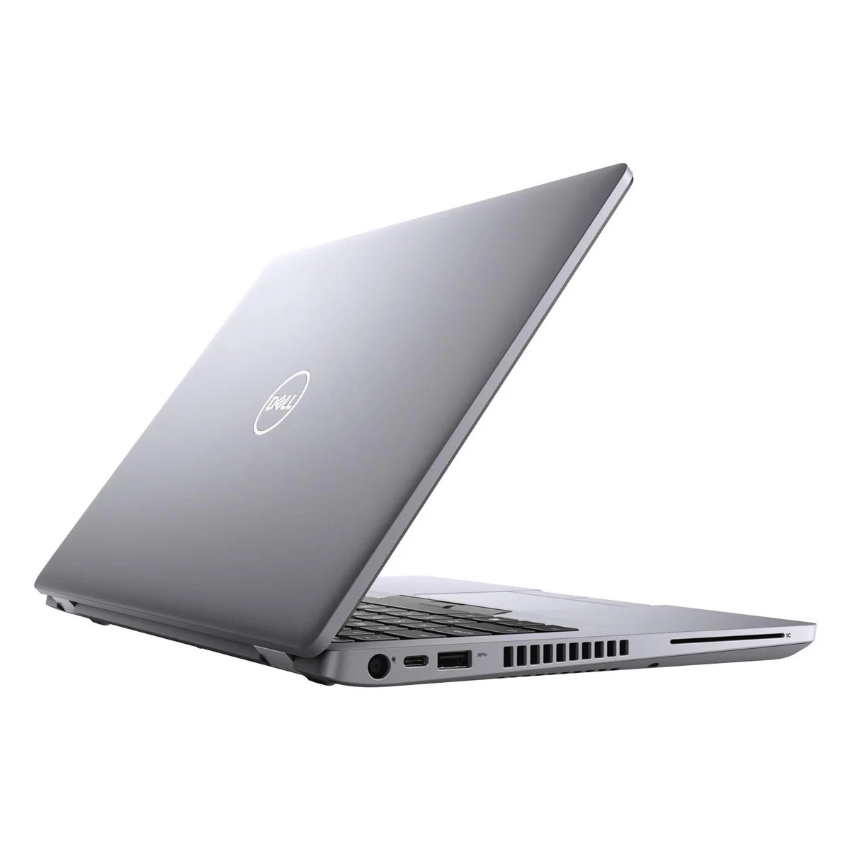 Ein silberner Dell Laptop mit geöffnetem Deckel, der Tastatur und Anschlüsse zeigt.